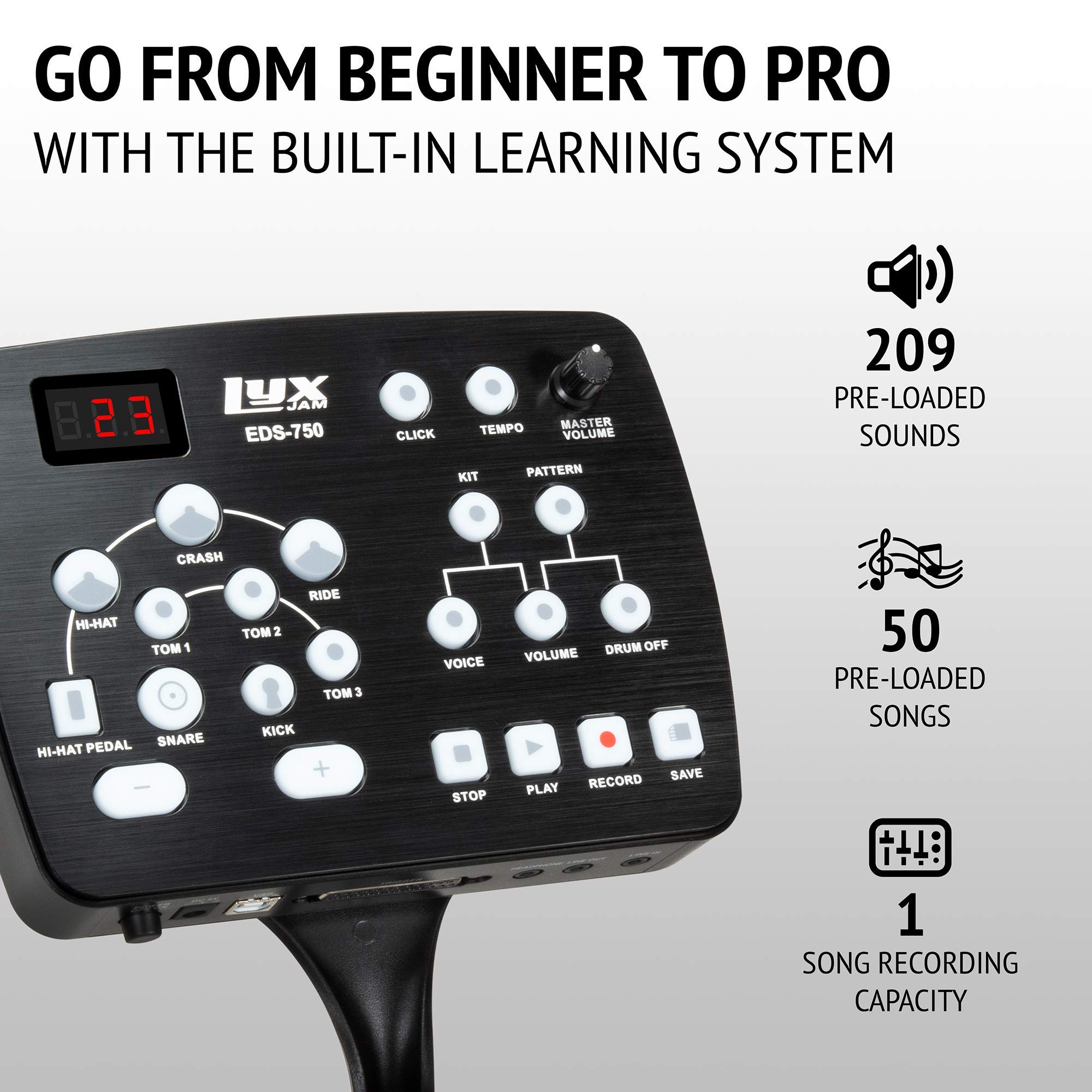 LyxJam 7-Piece Electronic Drum Kit with Mesh Heads - Professional Drum Set w/ 209 Sounds, 50 Songs, Recording, Cymbals, Kick Pedal & Sticks - Perfect for Home Practice, Studio Recording & Live Performances (Renewed)