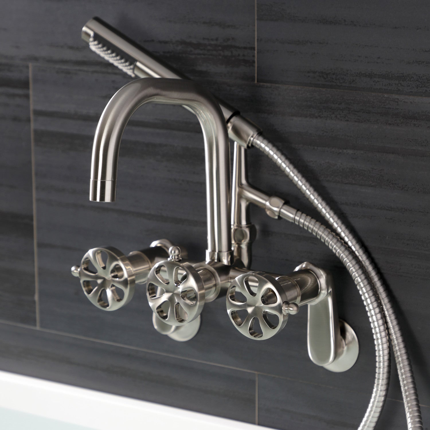 Belknap AE8458RX 3-Handle 2-Hole Wall Mount Clawfoot Bathtub Faucet with Hand Shower in Brushed Nickel - Perfect for Vintage Bathroom Renovations and Spa-Like Shower Experience