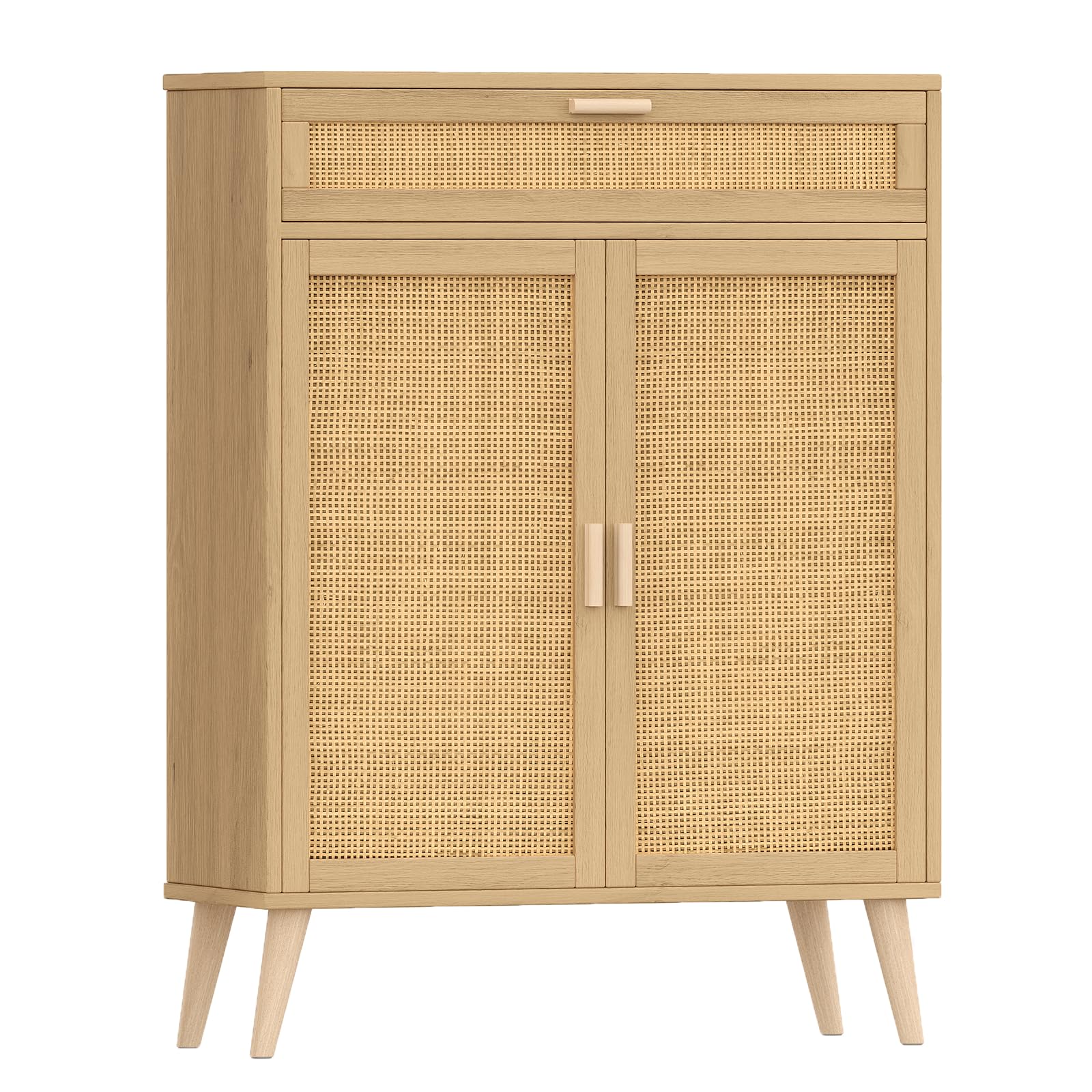 Rovaurx Natural Rattan Accent Floor Storage Cabinet with Large Drawer - Freestanding Bathroom Organizer Cabinet for Bedroom, Living Room & Home Decor (BMGZ107M)