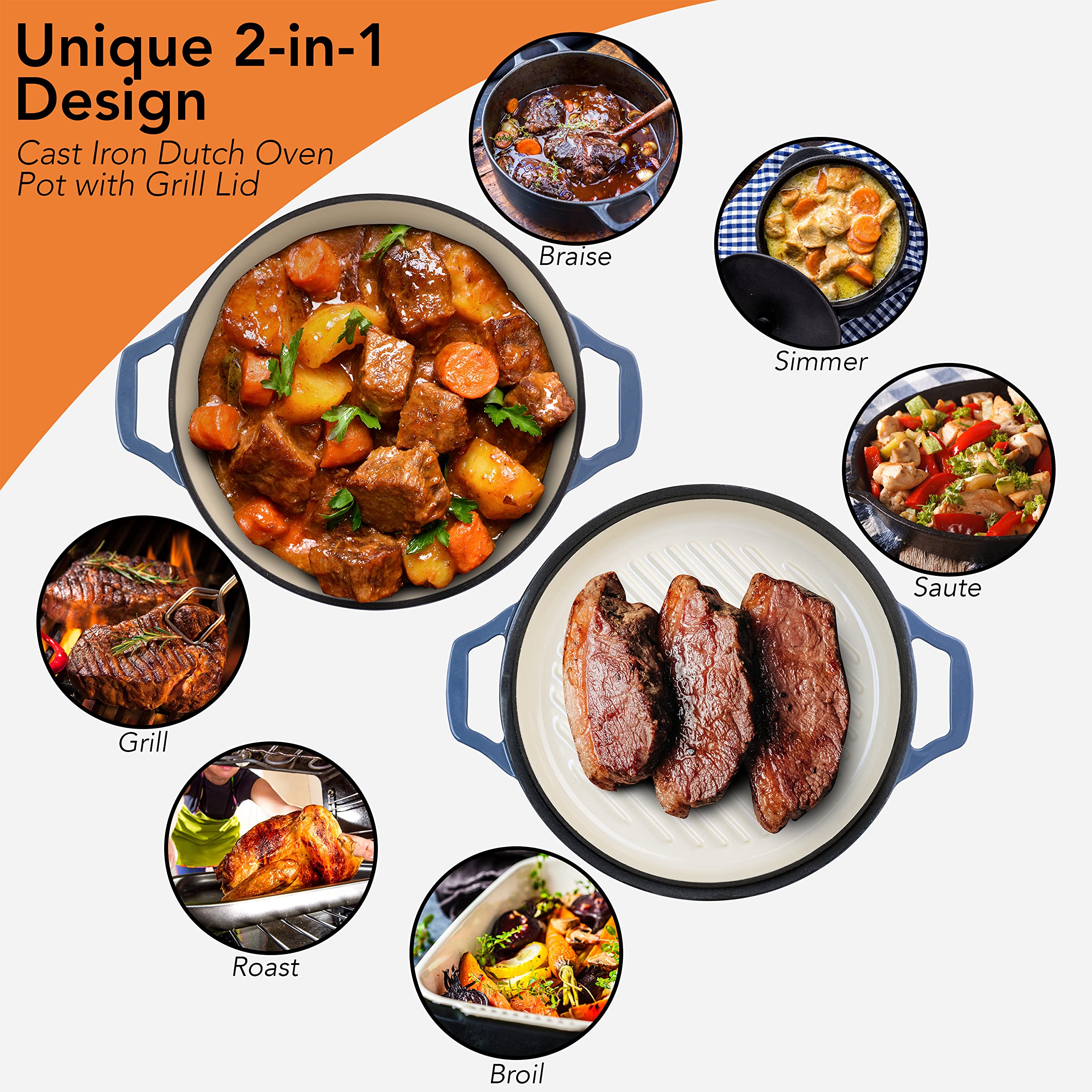 2-in-1 Enameled Cast Iron Braiser Pan with Grill Lid - 3.3-Quart Small Dutch Oven, Casserole & Stovetop Grill Pan, Durable Cast Iron Cookware for Roasting, Baking, Searing & Grilling - Perfect for Kitchen, Camping & Outdoor Cooking