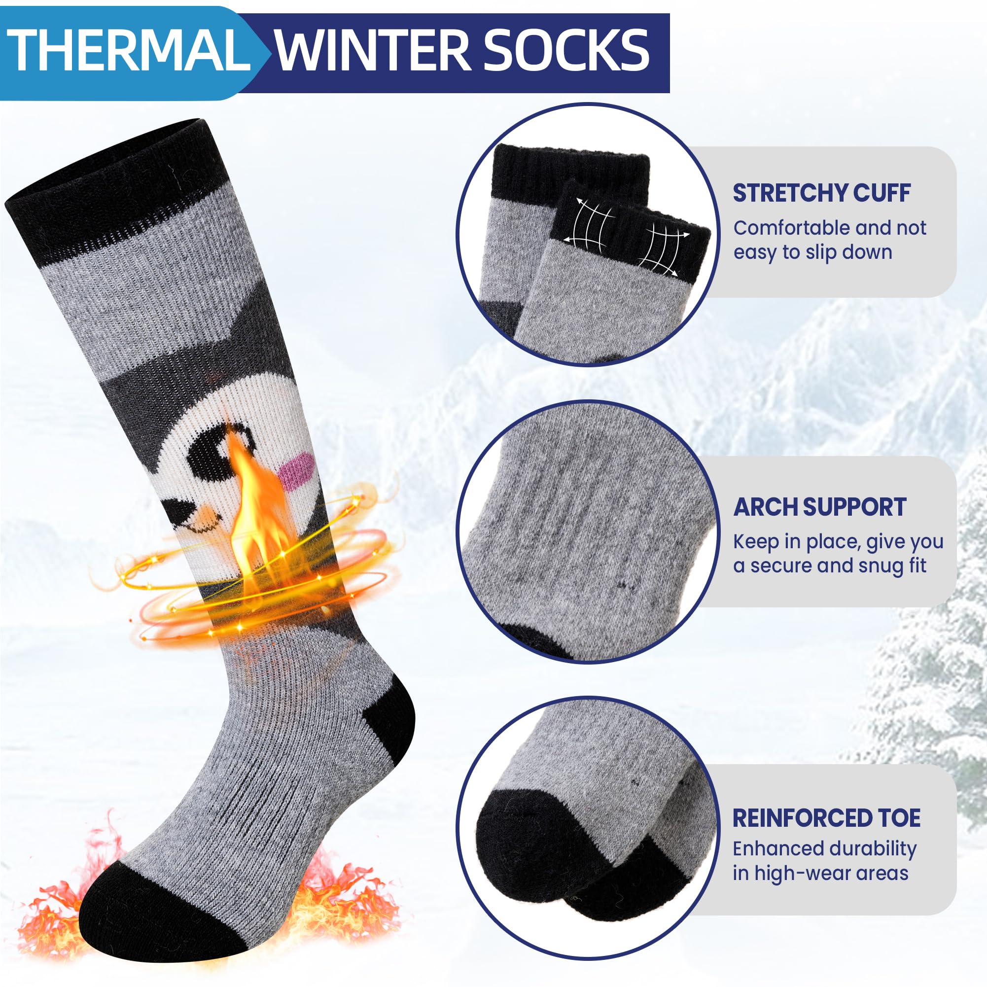 Kids Merino Wool Ski Socks - Winter Warm Thermal Hiking & Snowboarding Knee High Socks for Toddler Boys & Girls (2 Pairs) - Perfect for Cold Weather Outdoor Activities & Winter Sports