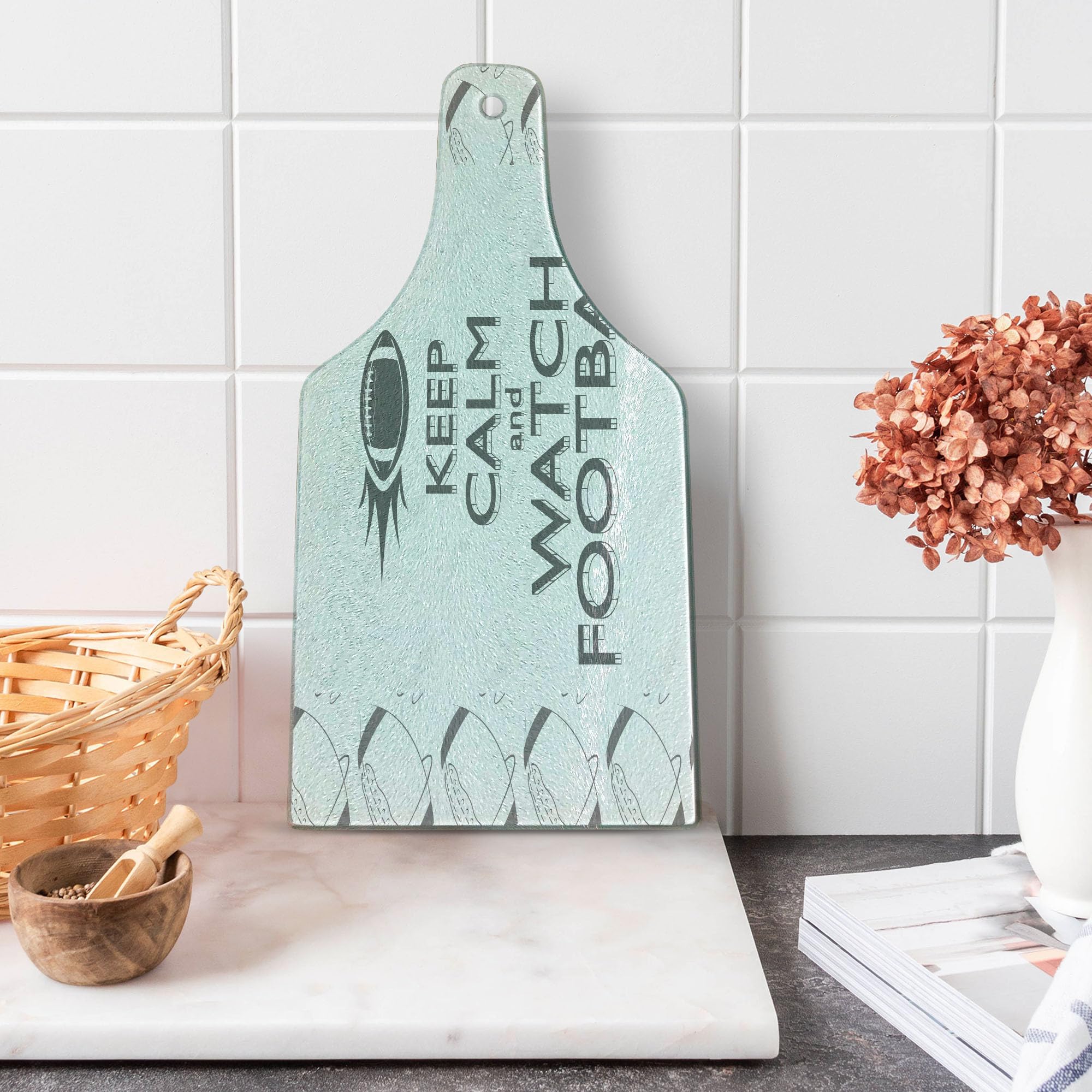 Lunarable Football-Themed Tempered Glass Cutting Board - American Sports Design with Vintage 'Keep Calm and Watch' Print - Decorative Serving Board for Cheese, Charcuterie & Entertaining - Wine Bottle Shape in White, Black & Grey - Perfect for Game Day Parties & Sports Fan Gifts