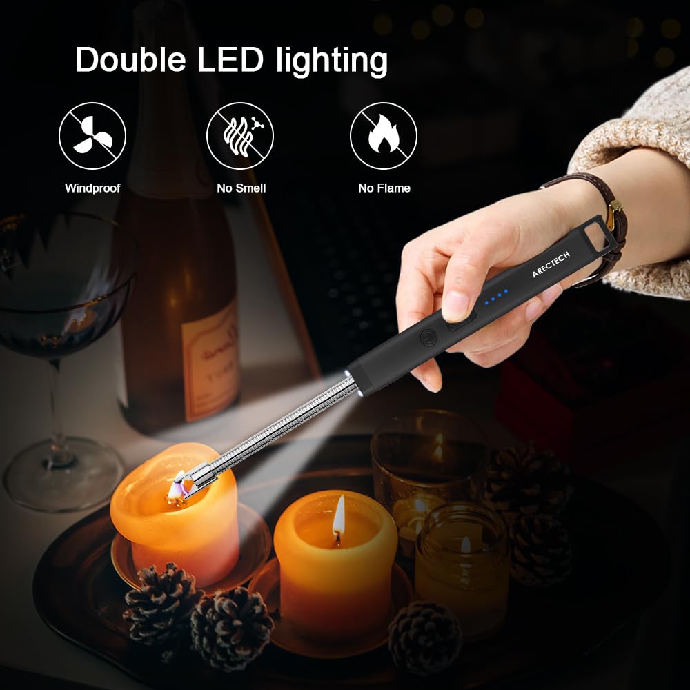 ARECTECH USB Rechargeable Electric Arc Lighter - Windproof Flameless Candle Lighter for Home, Camping & Gifts - LED Light for Men & Women (Black) | Perfect for Candles, Fireworks, Christmas, Birthday & Outdoor Adventures