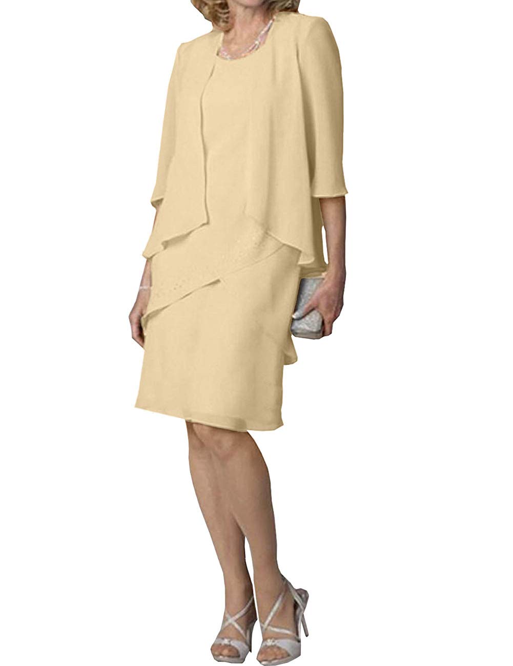 Elegant Short Mother of The Bride Dress with 3/4 Sleeve Chiffon Jacket & Tiered Skirt - Formal Evening Gown for Weddings, Receptions & Special Occasions