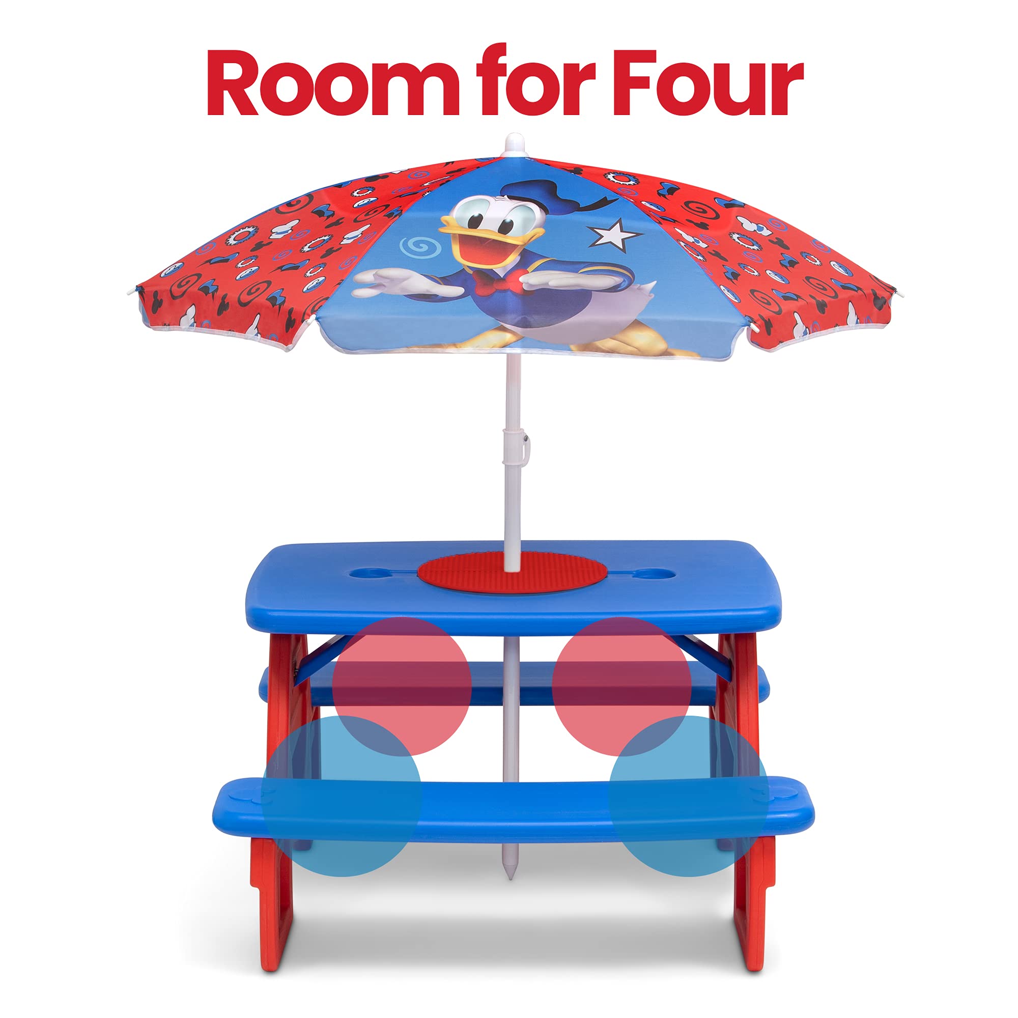 Disney Mickey Mouse 4-Seat Kids Picnic Table with Umbrella & LEGO-Compatible Tabletop - Outdoor Play, Birthday Parties, Backyard Fun by Delta Children