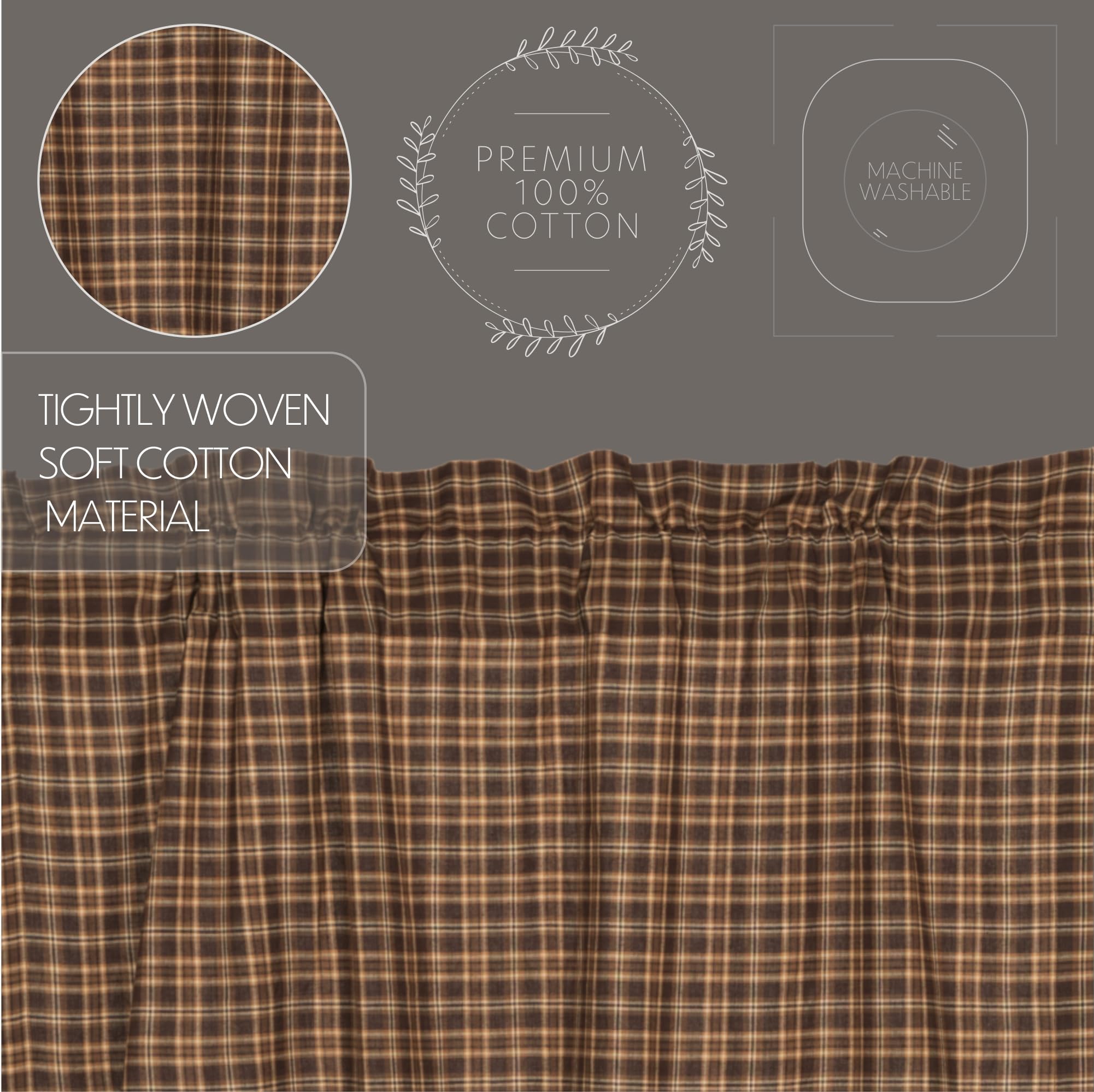 VHC Brands Prescott Rustic 24x36 Inch Brown Plaid Cotton Rod Pocket Kitchen Window Curtains Pair - Farmhouse Style for Living Room, Bedroom & Dining Room Decor