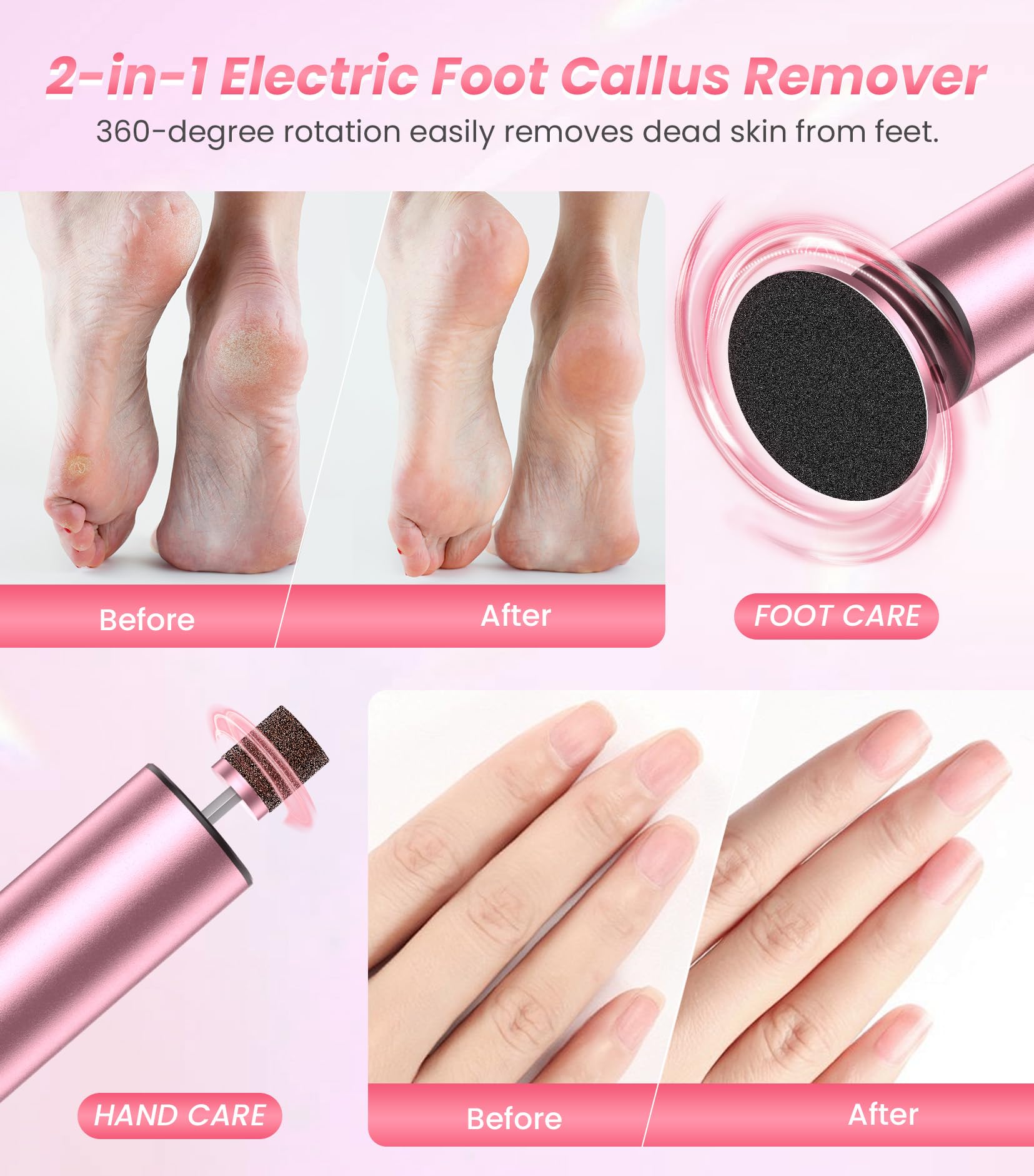 Professional Electric Callus Remover for Feet - Rechargeable 2-in-1 Foot File & Nail Grinder with 6 Speed Settings, Sandpaper Disc for Dead Skin & Callus Removal - Perfect for Home Pedicure & Foot Care (Pink)