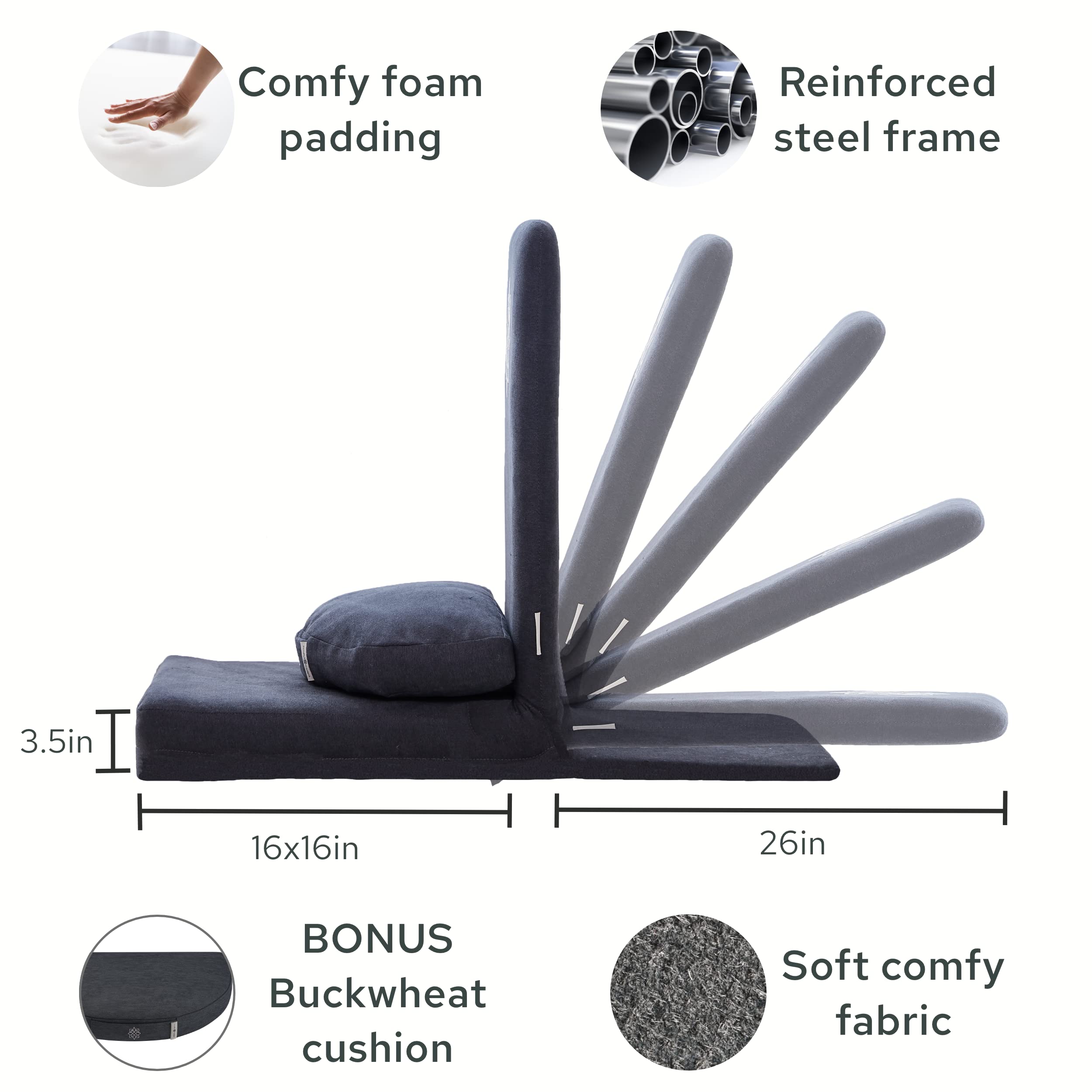 Mindful Modern Folding Meditation Chair with Back Support - Adjustable Floor Seating for Yoga & Zen - Half Moon Buckwheat Cushion Included - Perfect for Home Meditation, Living Room Relaxation & Mindfulness Practice