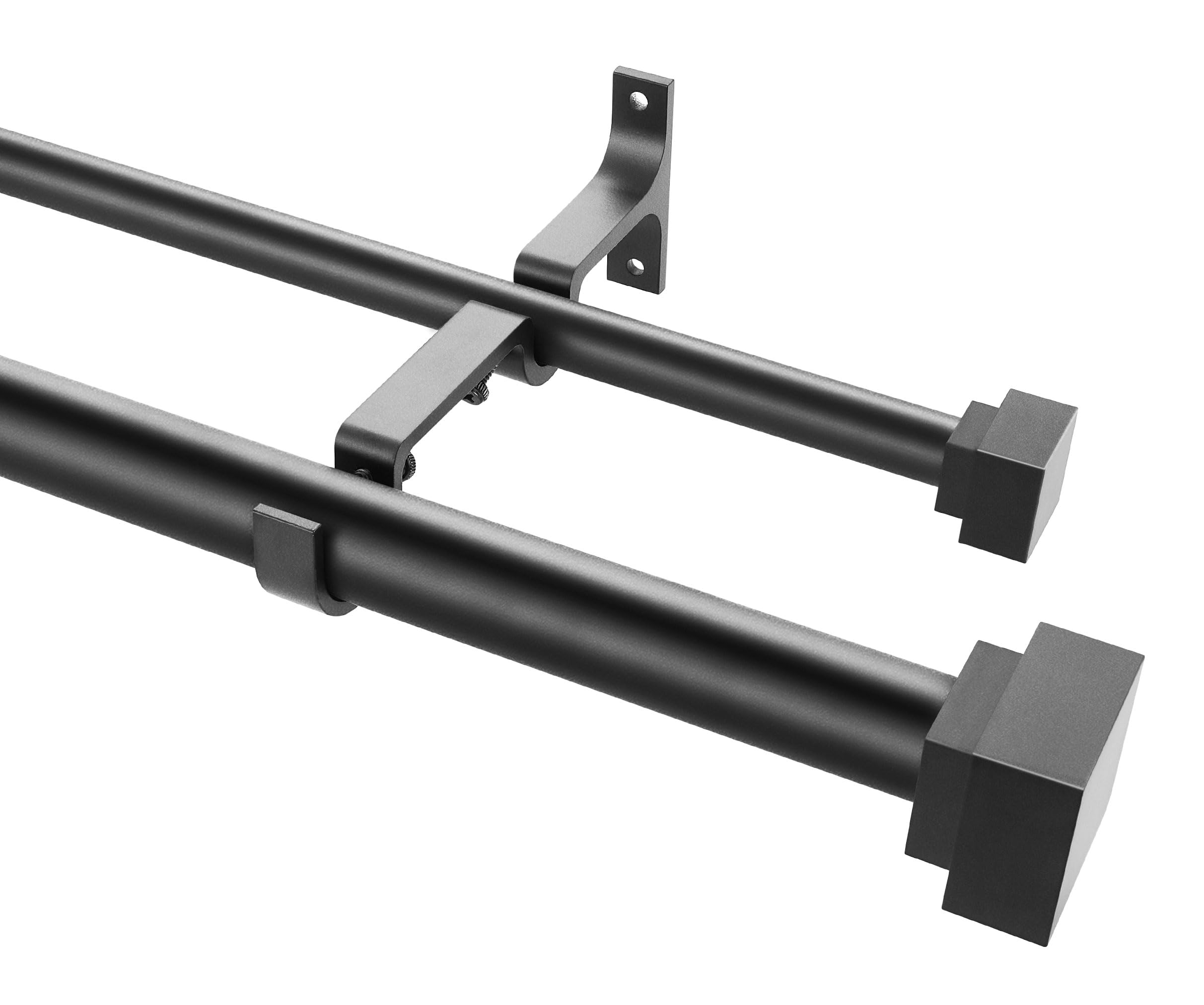 1 Inch Modern Double Window Curtain Rods 72-144 Inch Adjustable - Heavy Duty Telescoping Drapery Rod with Solid Square Allufer Finials - Matte Black for Dual Curtain Window Treatment - Perfect for Living Room, Bedroom & Home Decor