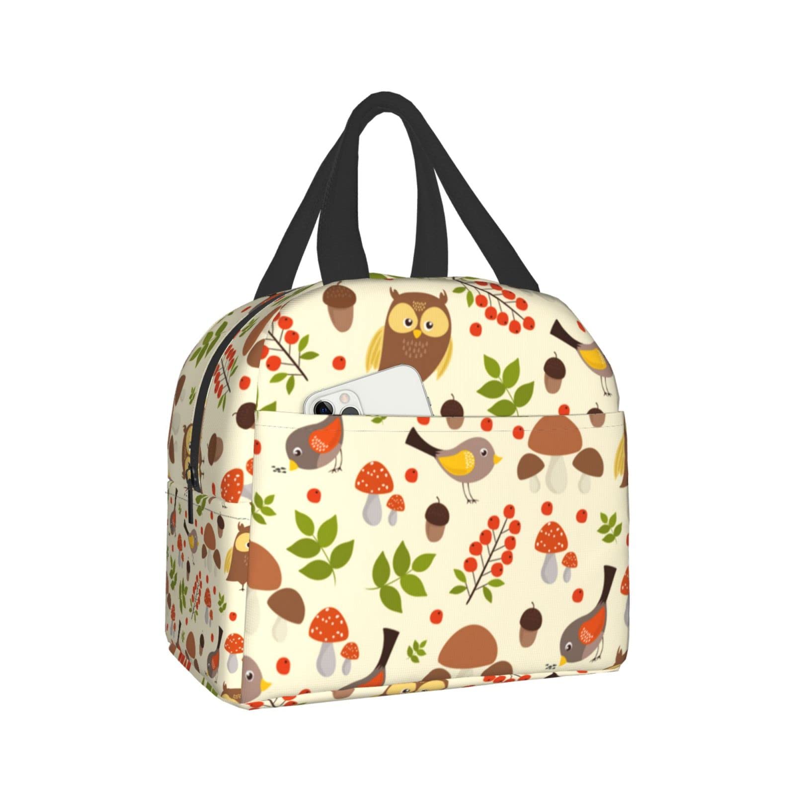 Owl and Mushroom Insulated Lunch Box - Reusable Thermal Lunch Bag for Women & Men - Perfect for Office, School, Camping, Hiking, Picnic, Beach & Travel - Keep Food Fresh Anywhere