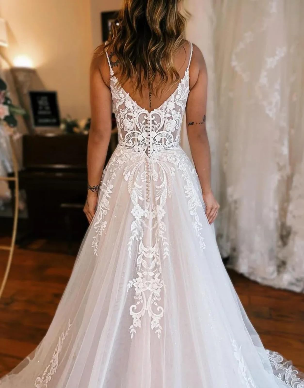 OFEECHUN Women's Lace Applique Beach Wedding Dress - Elegant V-Neck Tulle Bridal Gown with Thigh Slit for Bride | Perfect for Beach Weddings, Destination Elopements & Romantic Photoshoots