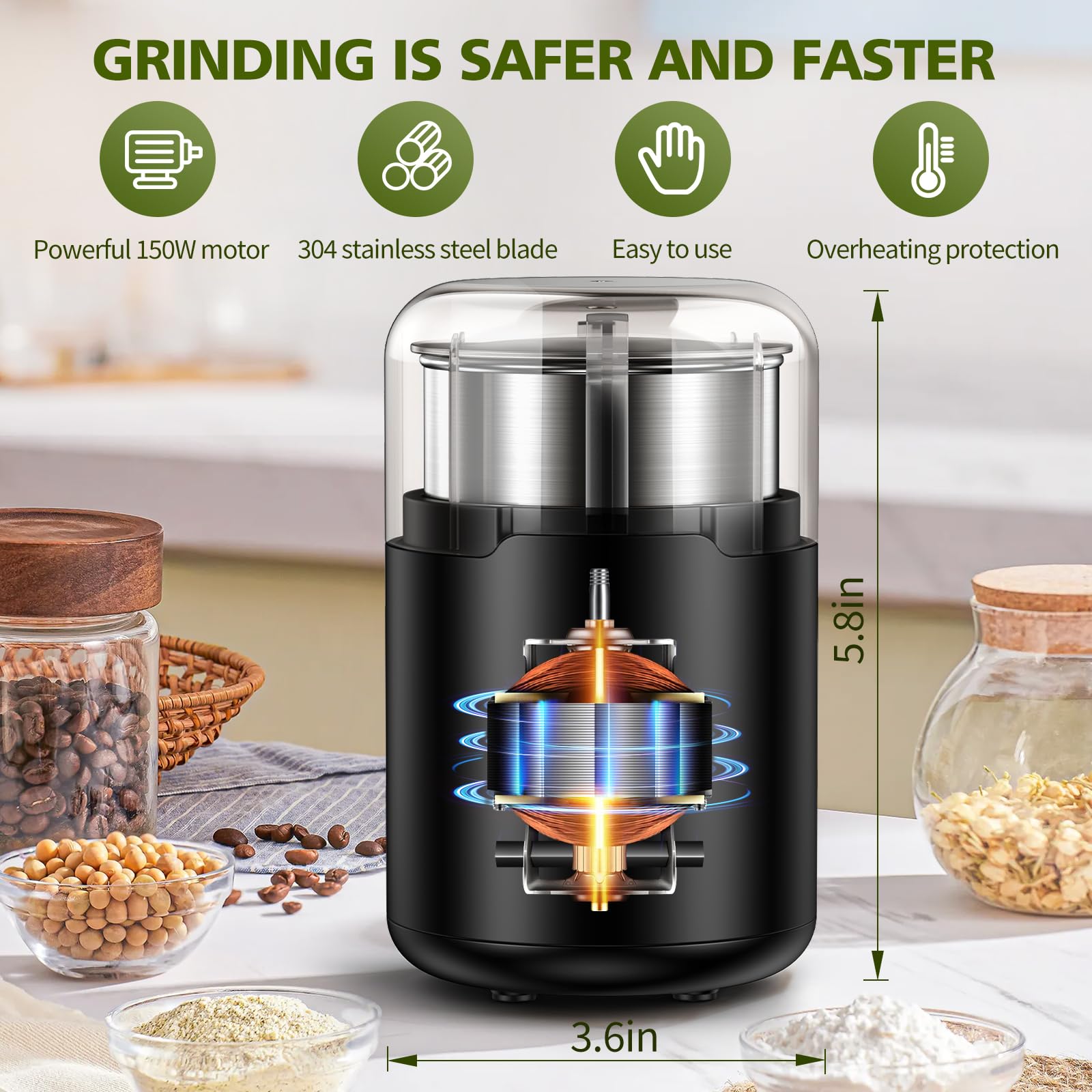 150W Electric Herb Grinder with Stainless Steel Blade - Spice, Coffee, Nut & Seed Grinder - Compact Size with Cleaning Brush - Perfect for Kitchen, Camping & Travel Use