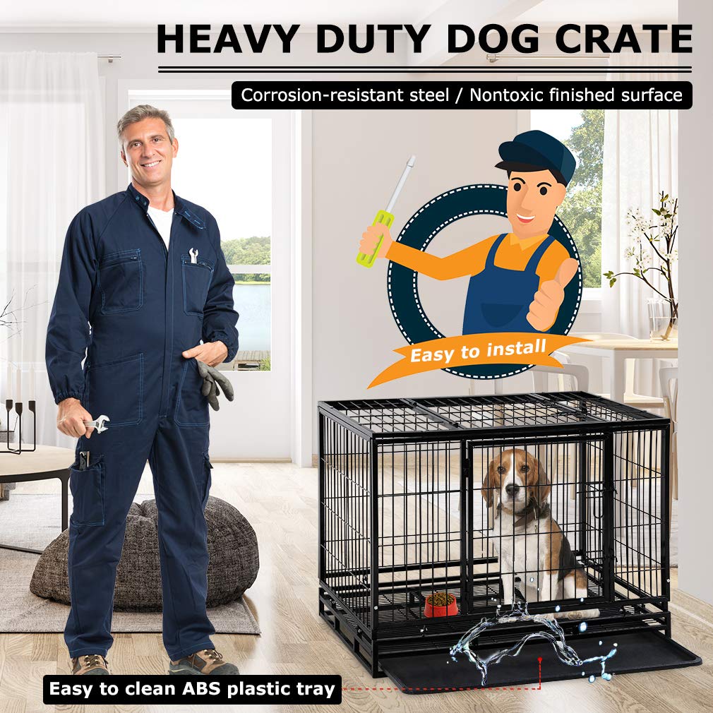 Heavy Duty 36 Inch Dog Crate Cage for Large Dogs - Indoor/Outdoor Pet Kennel with Double Doors, Secure Locks & Removable Plastic Tray - Perfect for Training, Travel, and Home Safety
