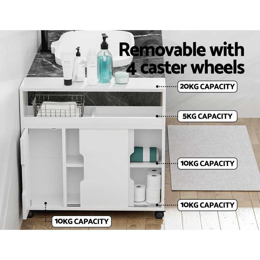 Artiss 3-Door Bathroom Storage Cabinet with Wheels - White Toilet Caddy Shelf for Bathroom Organization & Small Space Storage