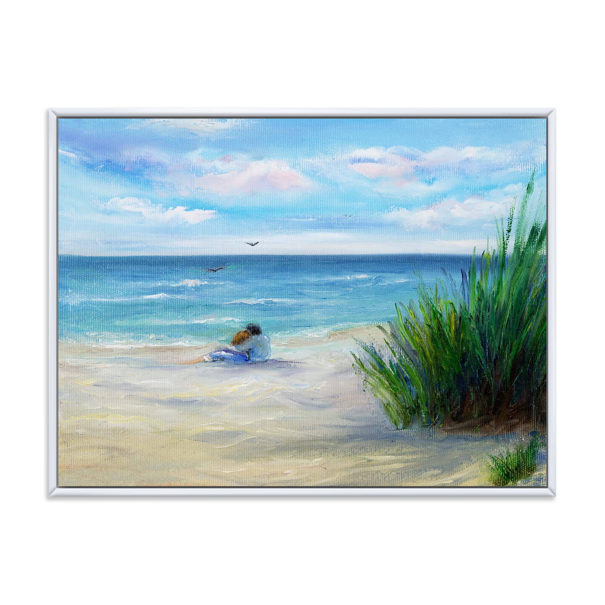 DesignQ Romantic Couple Beach Painting - Coastal Framed Canvas Wall Art for Living Room, Bedroom & Office Decor | Nautical Themed Home Décor