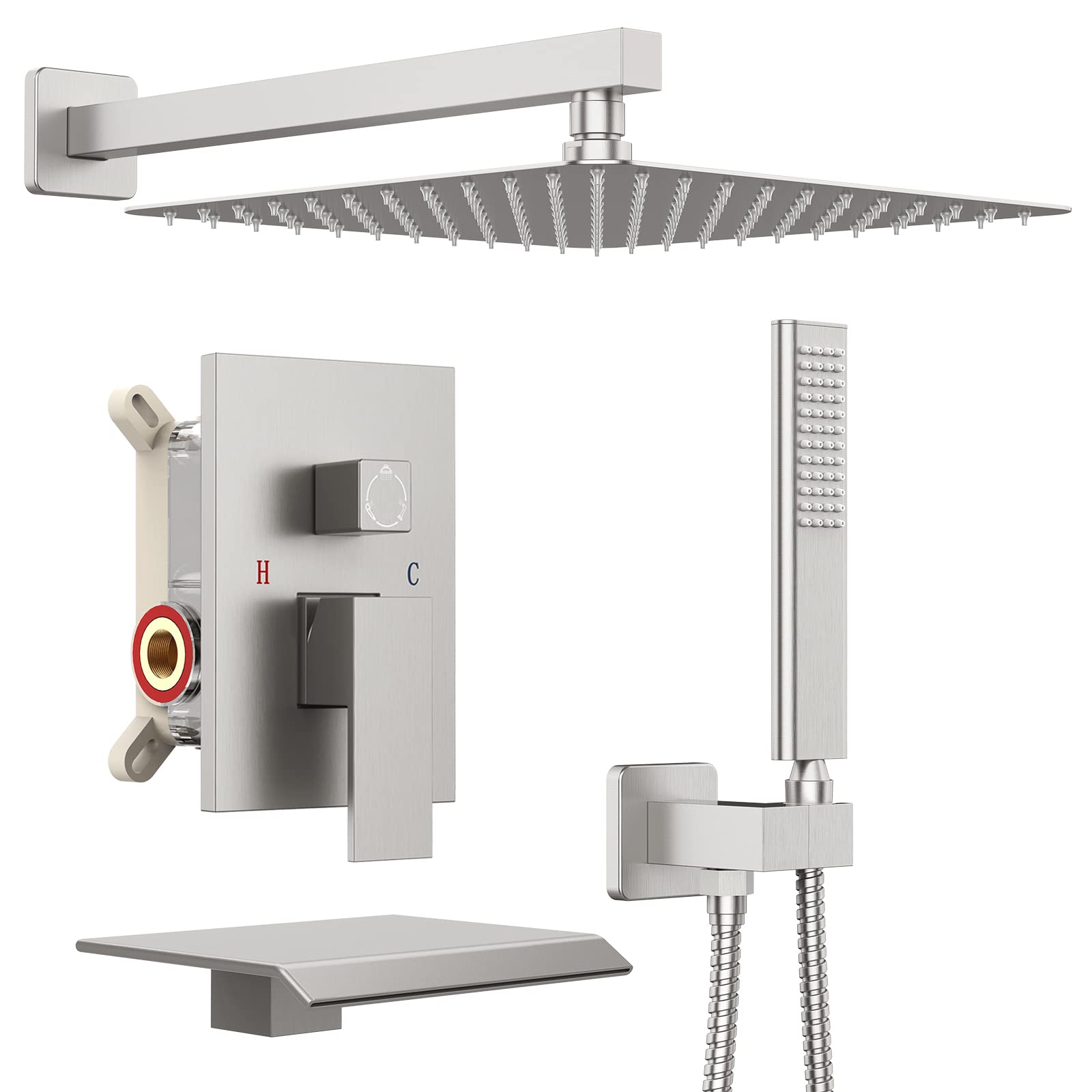 IRIBER 3-Function Square Shower System - 12 Inch Rain Shower Head & Handheld with Waterfall Tub Spout, Brushed Nickel Finish | Perfect for Modern Bathroom Renovations & Spa-Like Shower Experience