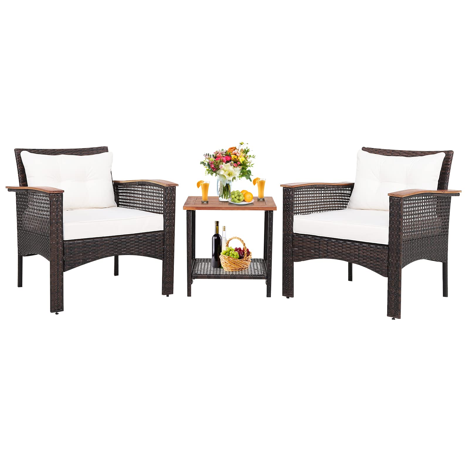 Tangkula 3-Piece Outdoor Rattan Sofa Set with Acacia Wood Table - PE Wicker Patio Furniture Conversation Set Includes Coffee Table, Seat Cushions & Armrests (Off White) - Perfect for Garden, Backyard, Poolside & Patio Relaxation