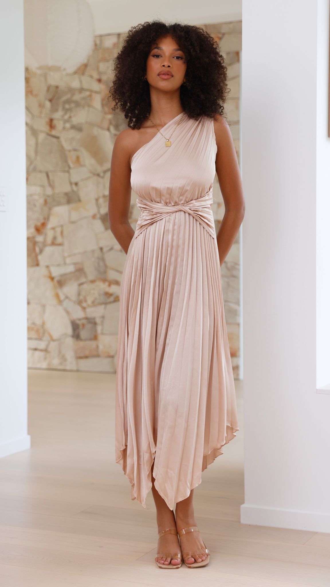 Elegant One Shoulder Midi Dress in Champagne - Perfect for Cocktail Parties, Weddings & Evening Events