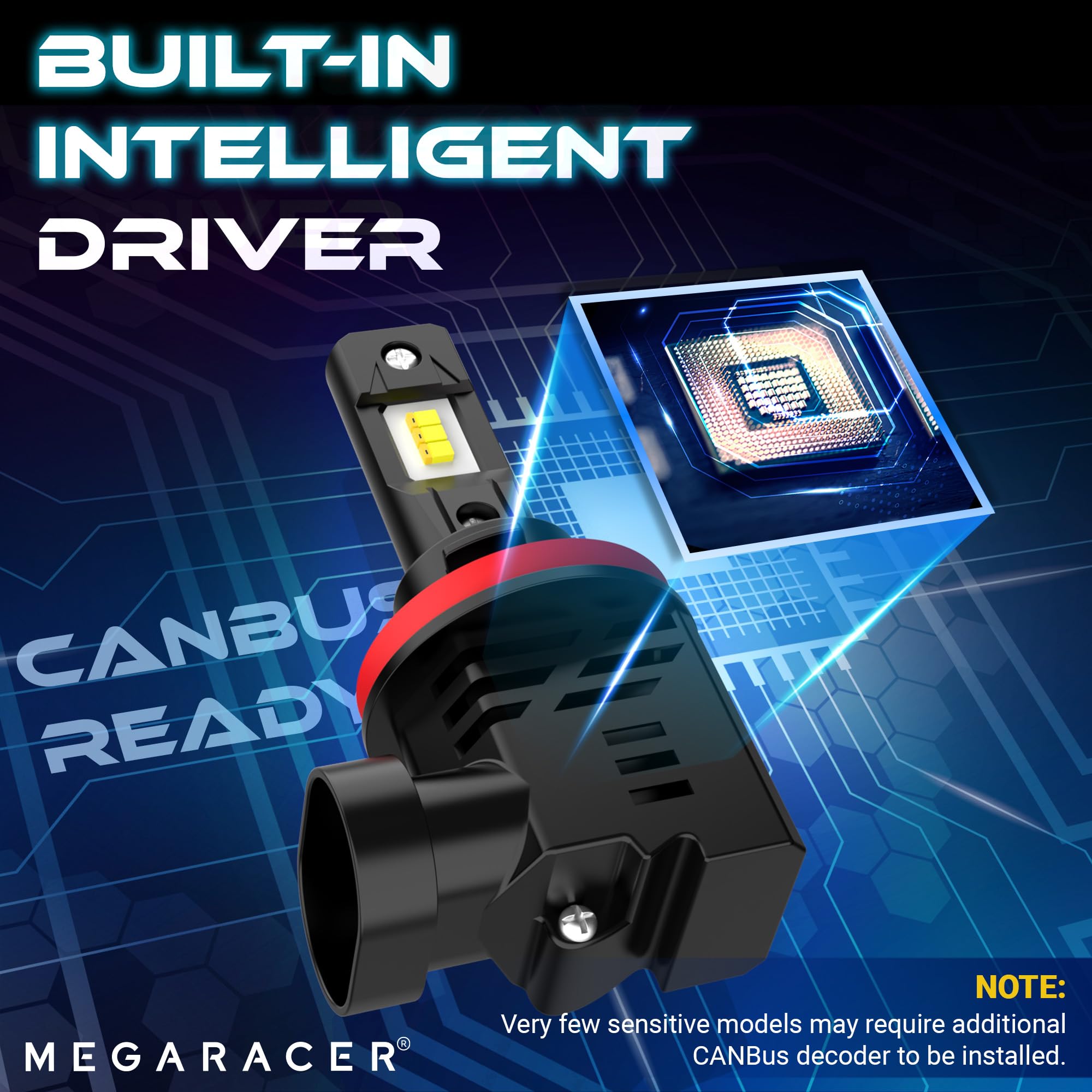 Mega Racer H11 H8 H9 LED Fog Light Bulbs - 700% Brighter 6500K Crystal White - Plug and Play Car Fog Lights for Enhanced Visibility in Rain & Snow - Pack of 2