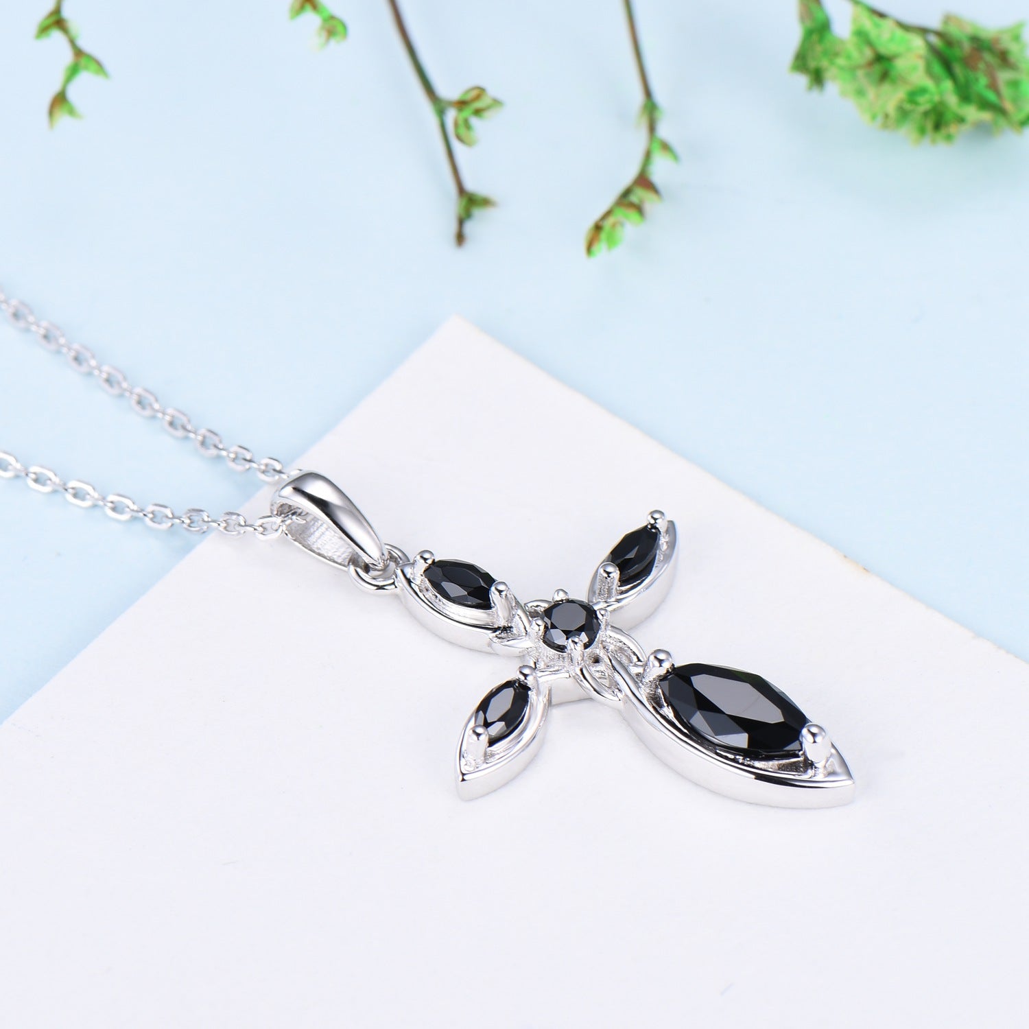 Viking Cross Necklace for Women - Black Spinel & Onyx Pendant in Silver or Rose Gold - Minimalist Celtic Jewelry with Personalized Marquise Design - Perfect for Everyday Wear, Gifts, and Viking-Themed Outfits