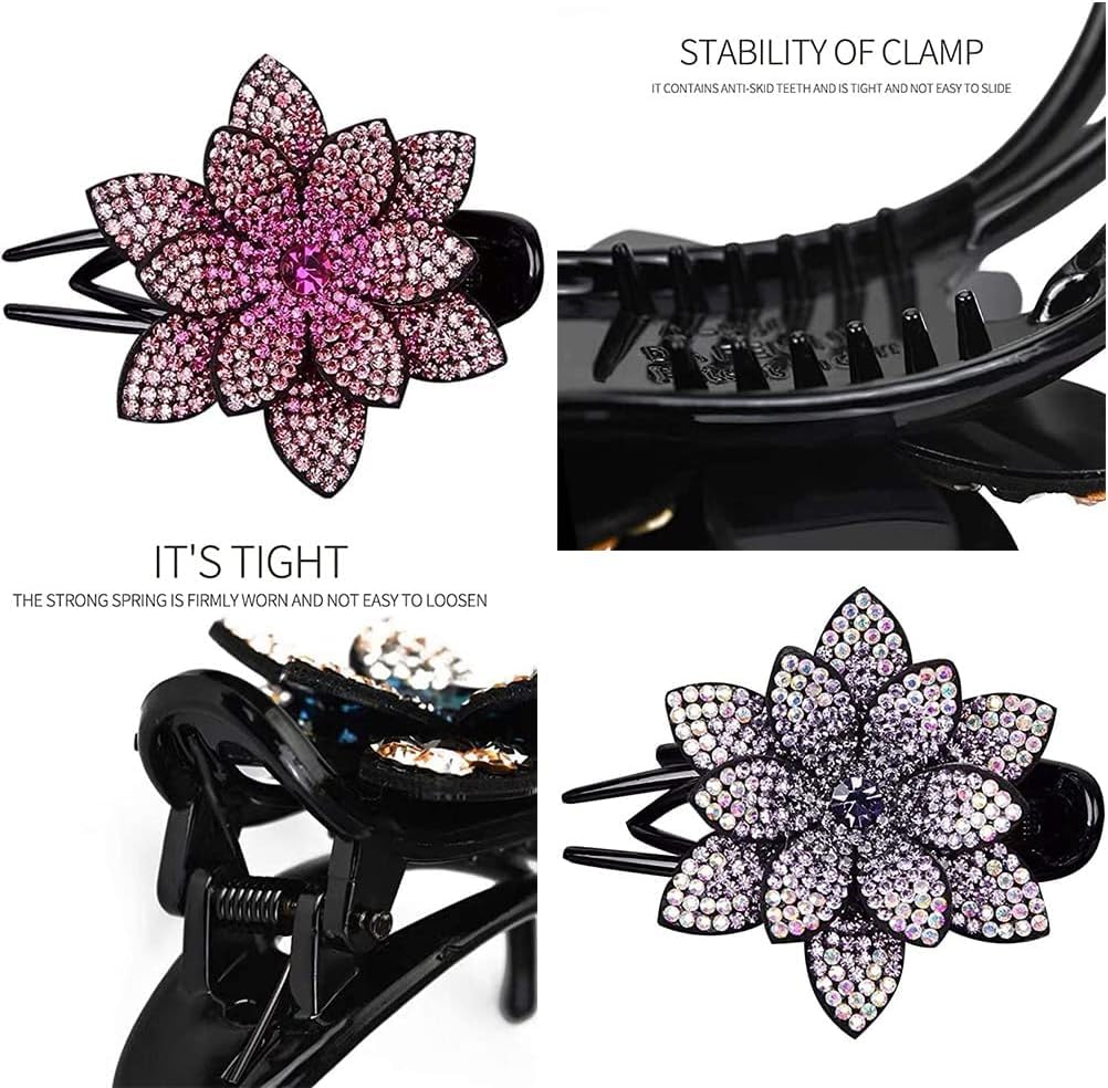 Luxury Rhinestone Flower Hair Clips for Women - Sparkly Crystal Hair Claws & Barrettes for Thick Long Hair - Korean Hair Accessories for Girls & Women - Perfect for Weddings, Parties & Everyday Glam