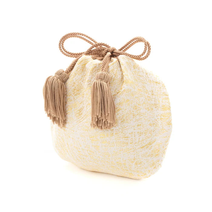 Nishijin Ori Small Drawstring Bag - Crumpled Gold & White Pattern - Handmade Kyoto Japan - Traditional Japanese Craft Purse for Coins, Jewelry & Gift Giving
