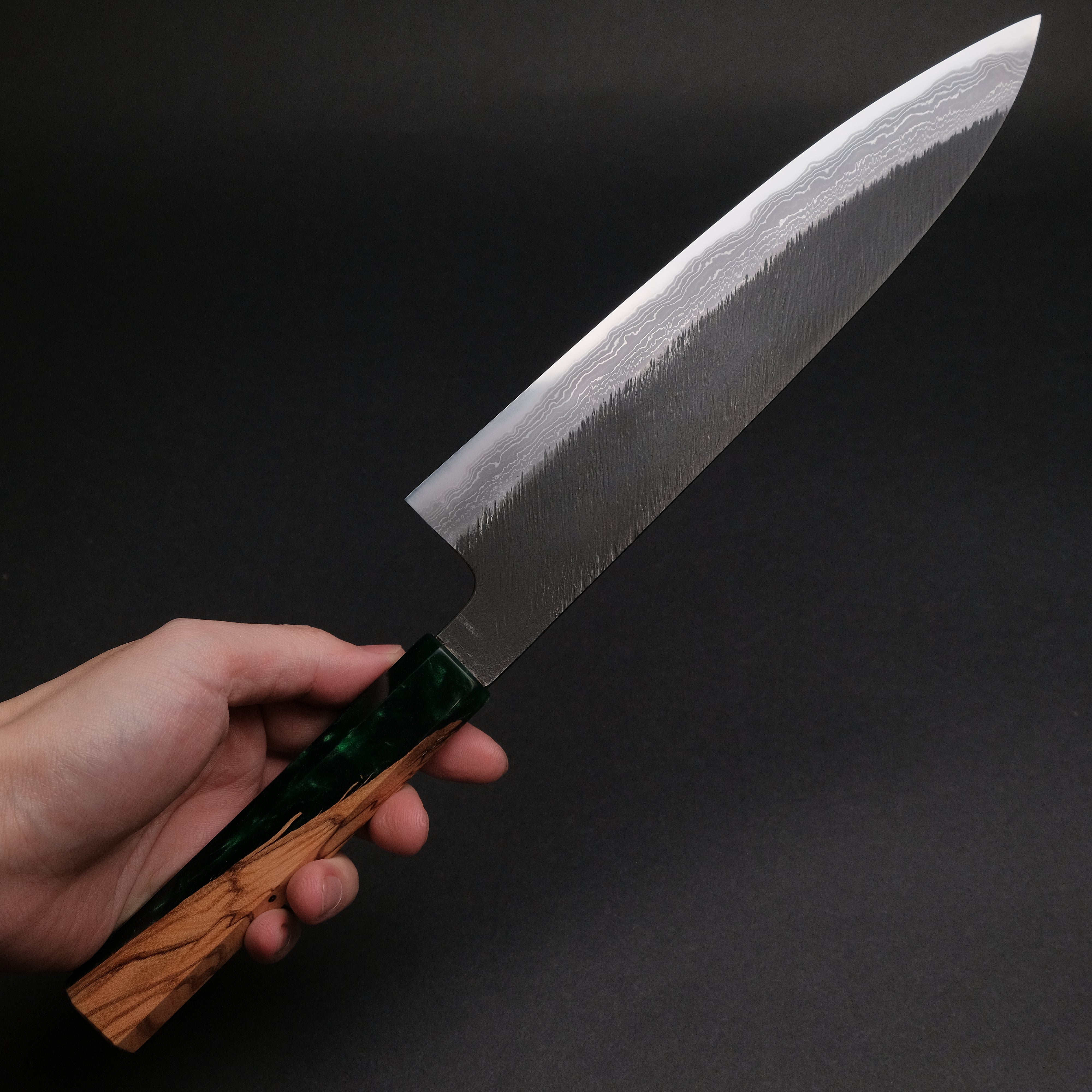 Ajikataya White #2 Matsuba Damascus Gyuto 210mm Japanese Chef Knife with Olive Wood & Resin Handle - Premium Kitchen Knife for Sushi, Meat Cutting & Professional Cooking (#11)