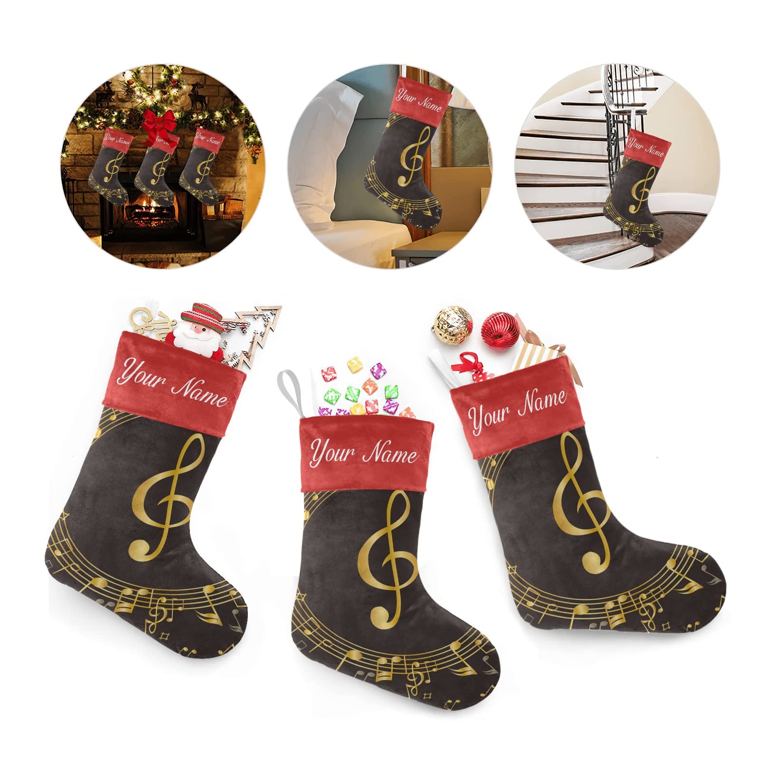 Custom Golden Music Note Christmas Stockings - Personalized Name Holiday Socks for Family Party Decor (17.52 x 7.87 Inch) - Perfect for Fireplace Mantel, Gift Exchange & Festive Home Decor