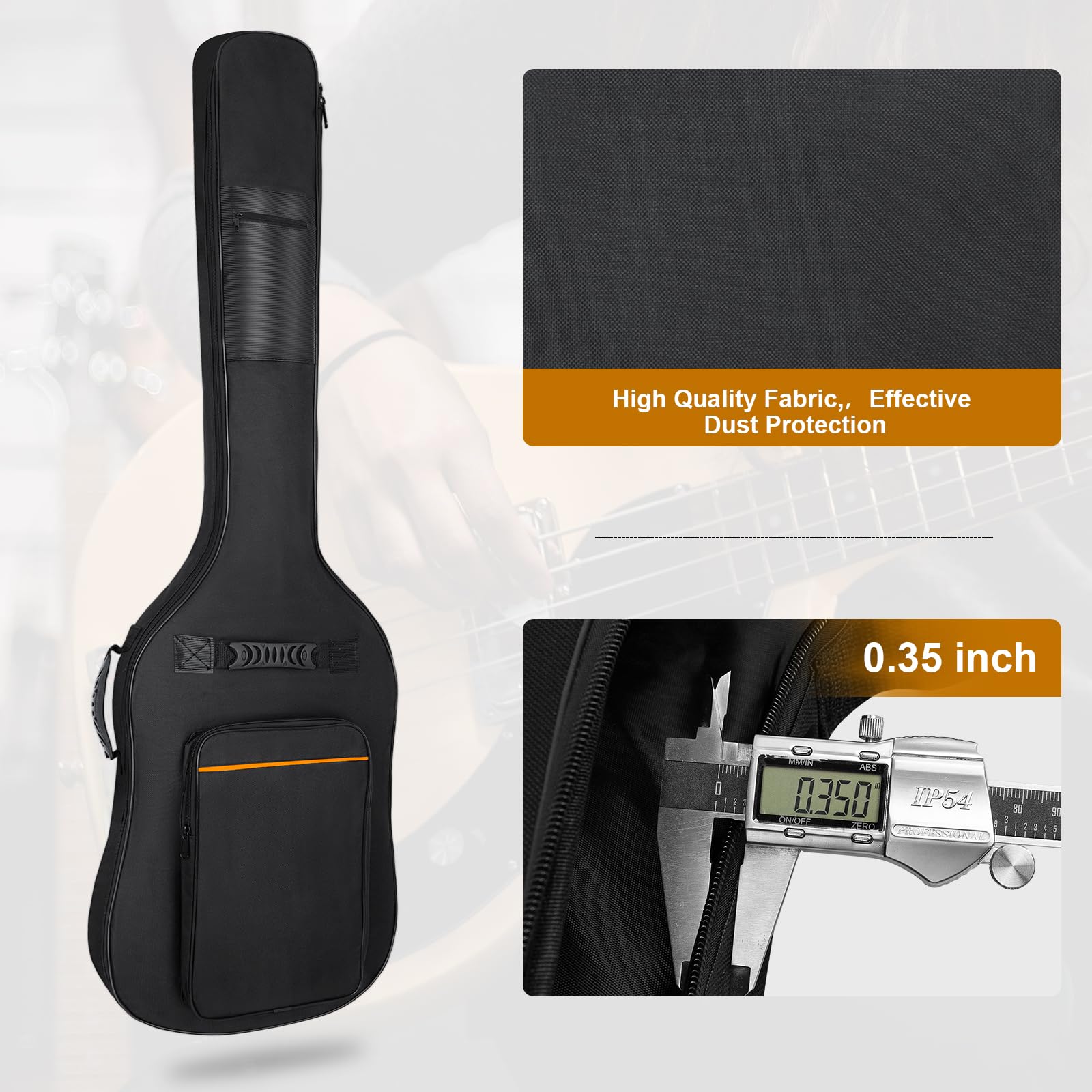 Premium 7mm Padded Waterproof Electric Bass Guitar Case - Heavy Duty Gig Bag Backpack with Neck Strap & Multiple Pockets (Black & Orange) for Professional Musicians & Travel Protection