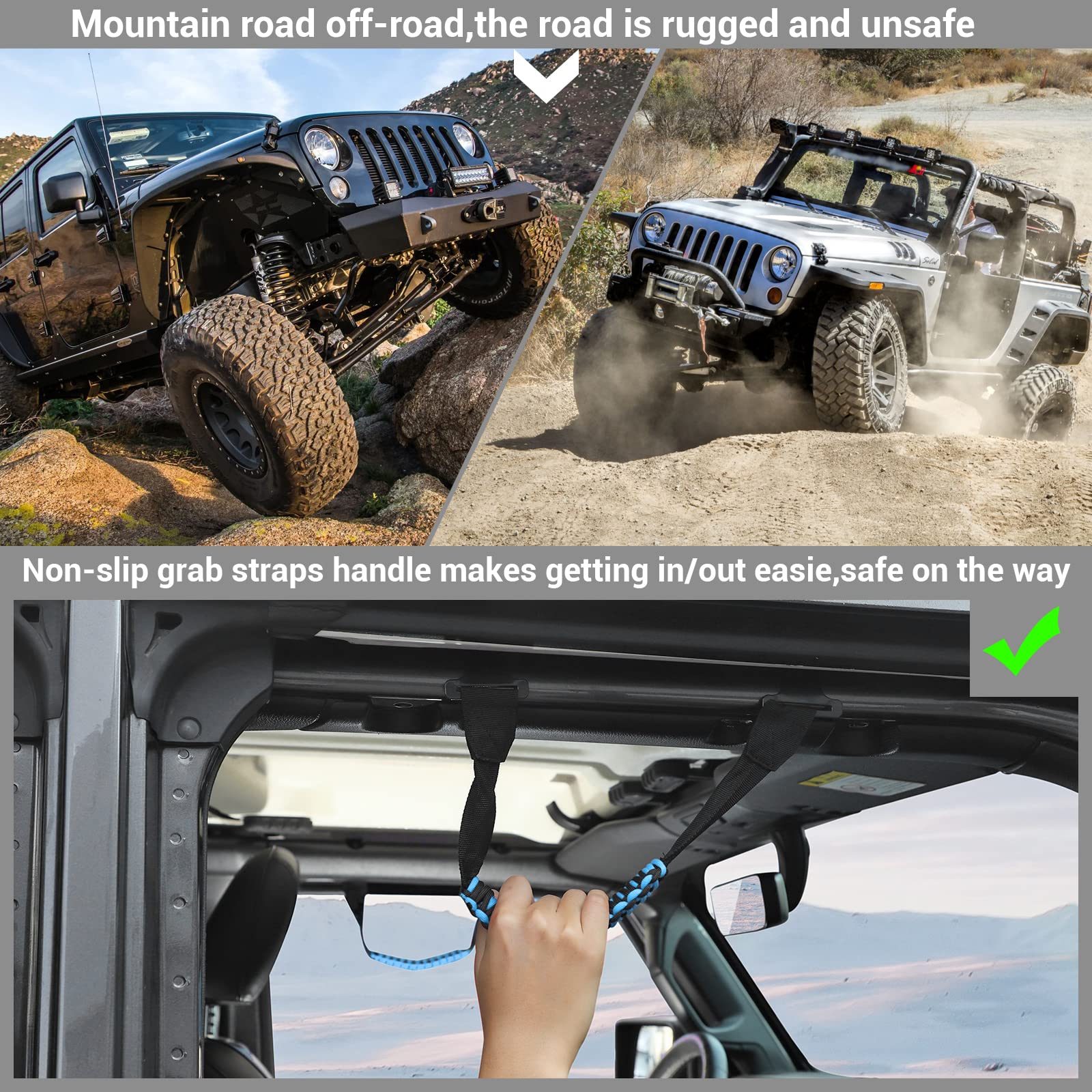 CheroCar Heavy Duty Steel Roll Bar Grab Handles for 2018-2021 Jeep Wrangler JL & 2020-2021 Jeep Gladiator JT - Blue | Off-Road Accessories for Enhanced Safety & Convenience | Perfect for Trail Riding, Rock Crawling & Adventure Trips
