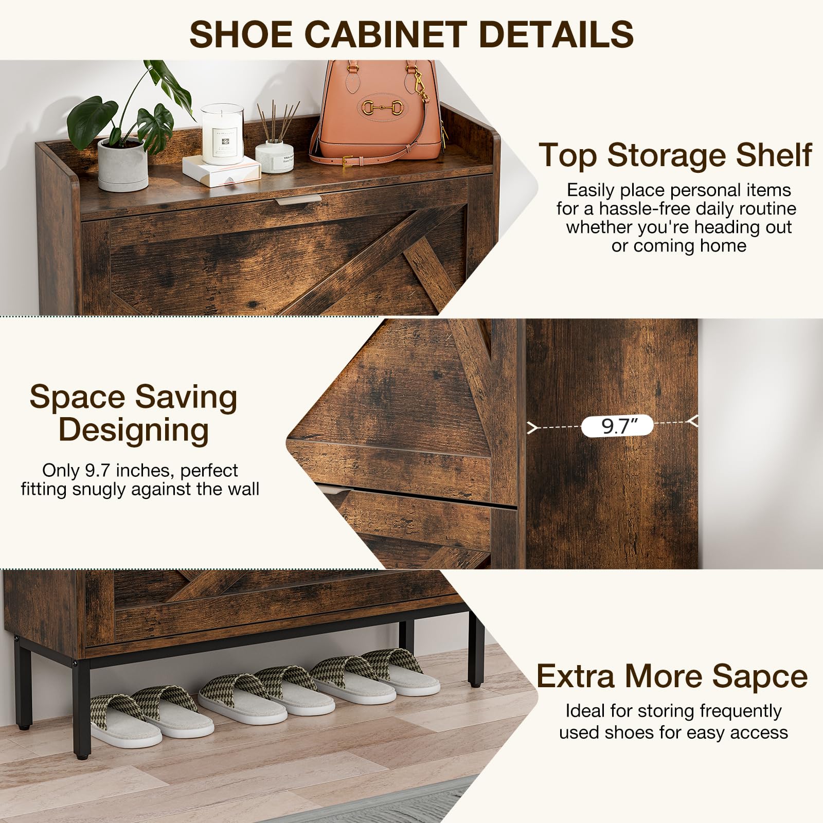 Wooden Entryway Shoe Storage Cabinet with 2 Hidden Drawers - Slim Space-Saving Shoe Organizer for Hallway, Entrance & Small Spaces - Rustic Brown Flip Shoe Rack Perfect for Apartments & Mudrooms