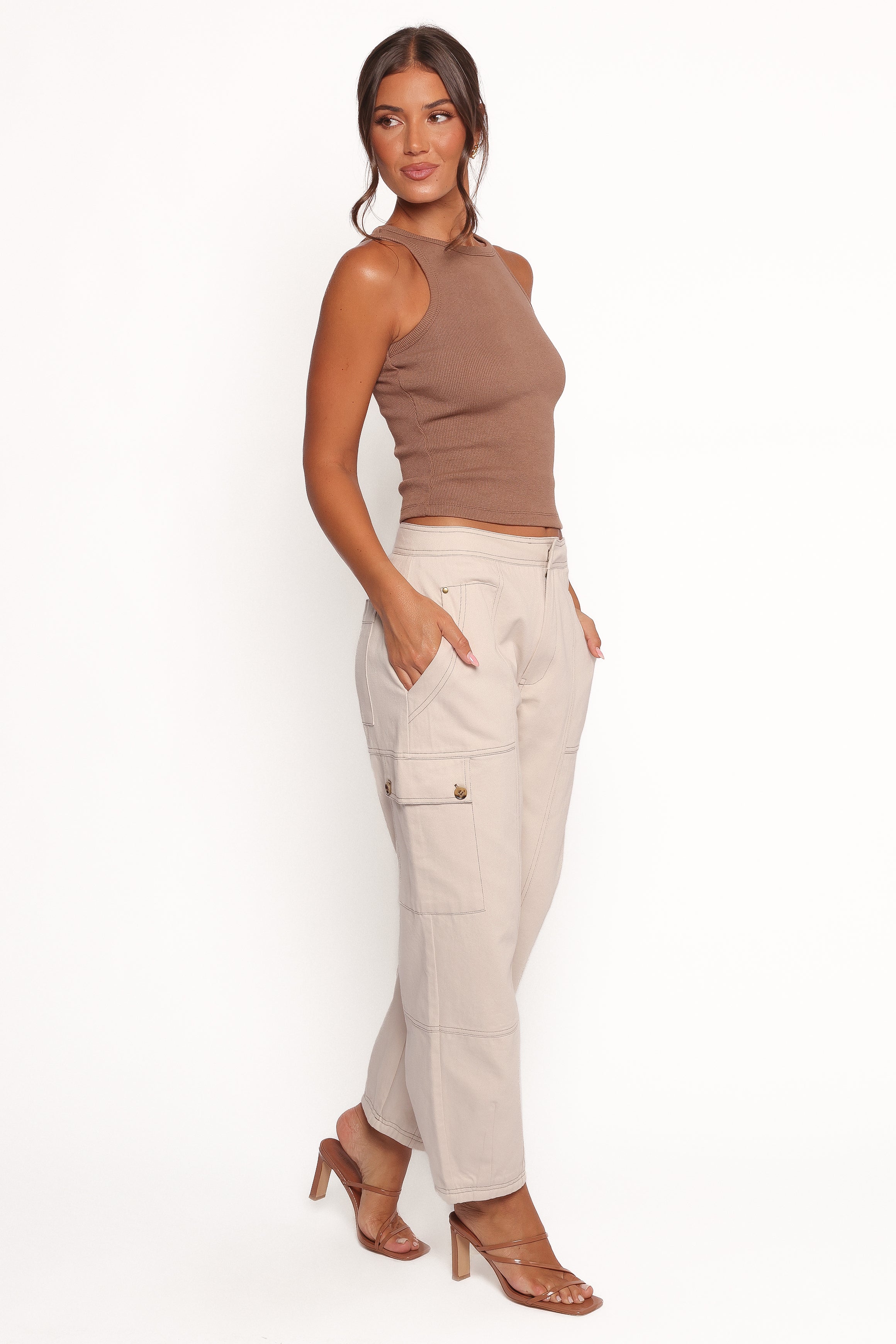 Kiah Cargo Pants for Women - High Waisted Work Pants with Pockets - Comfortable Ecru Trousers for Office, Travel & Outdoor Activities