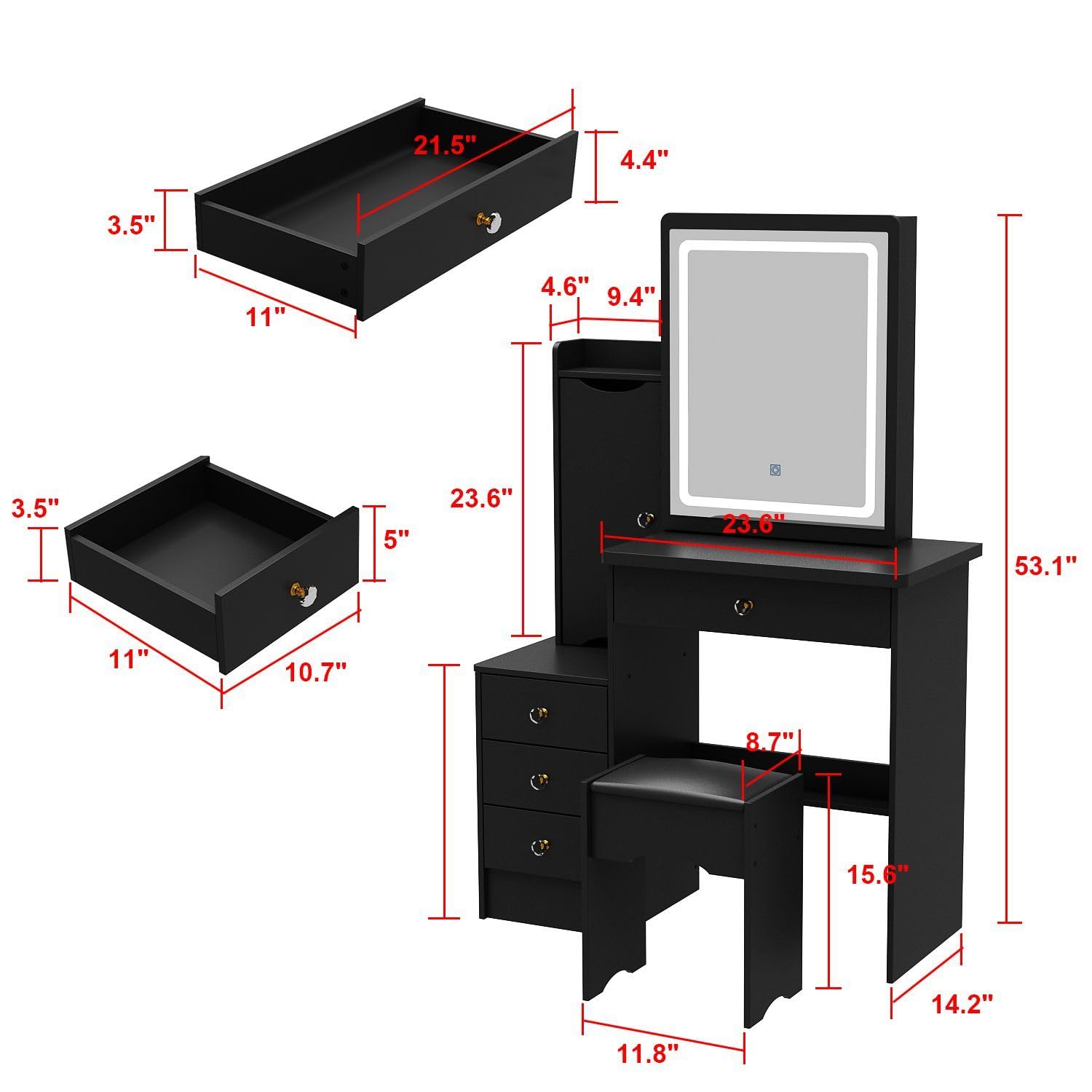 FAMAPY Black Vanity Mirror with LED Lights, Makeup Vanity Desk Set with Sliding Mirror, Storage Drawers & Crystal Handles - Includes Cushioned Stool for Bedroom, Dressing Room or Beauty Salon