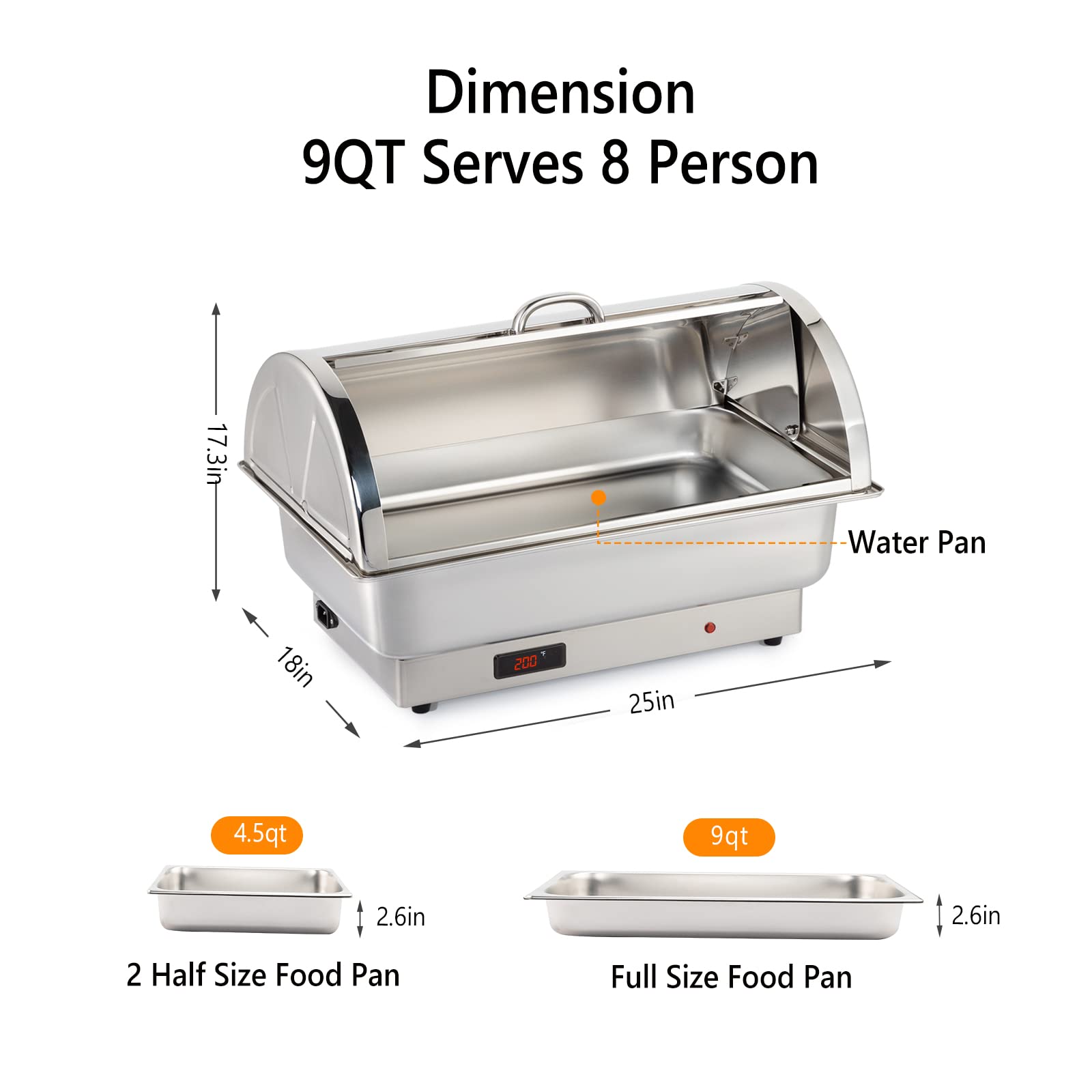 ROVSUN 2 Pack 9 QT Electric Buffet Chafing Dishes Set - NSF Certified Stainless Steel Roll Top Catering Food Warmer with Lid - Includes 2 Detachable Pans for Party, Wedding, Banquet & Catering Events - Perfect for Buffet Serving, Catering Business, and Home Entertaining