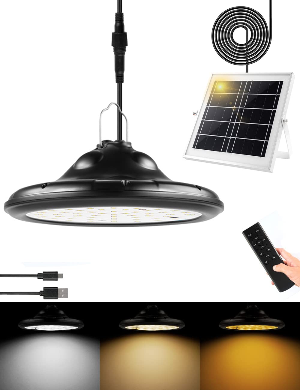 Solar Powered Pendant Light with Motion Sensor - IP65 Waterproof LED Hanging Panel Lamp for Outdoor & Indoor Use - Remote & USB Control - Perfect for Garage, Gazebo, Porch, Shed, Chicken Coop, and Shop Lighting