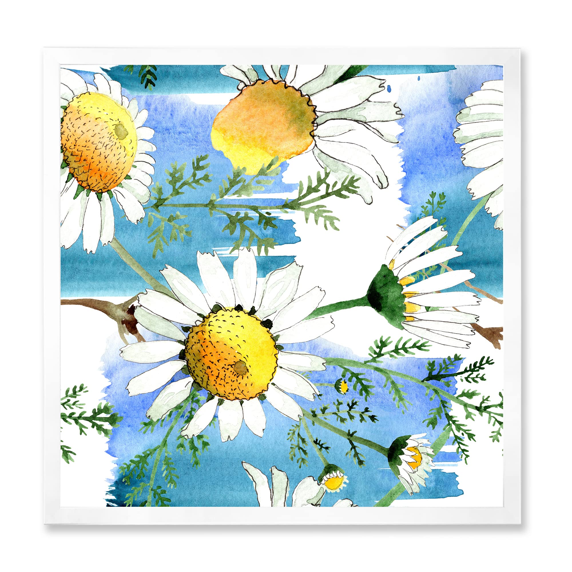DesignQ Wild Spring Chamomile Flowers Framed Wall Art Print - Vintage Botanical Decor for Living Room, Bedroom & Office