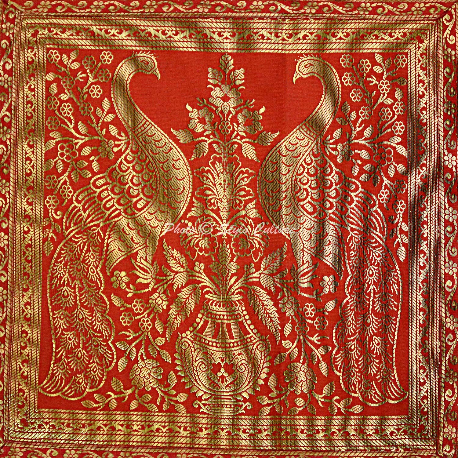 Indian Decorative Sofa Brocade Red and Gold Throw Pillow Covers 16x16 Inch | Jacquard Weave Banarasi Couch Pillow Cases | Peacock Floral Design | 40x40 cm Cushion Covers (1 Piece) | Perfect for Living Room, Bedroom & Home Decor