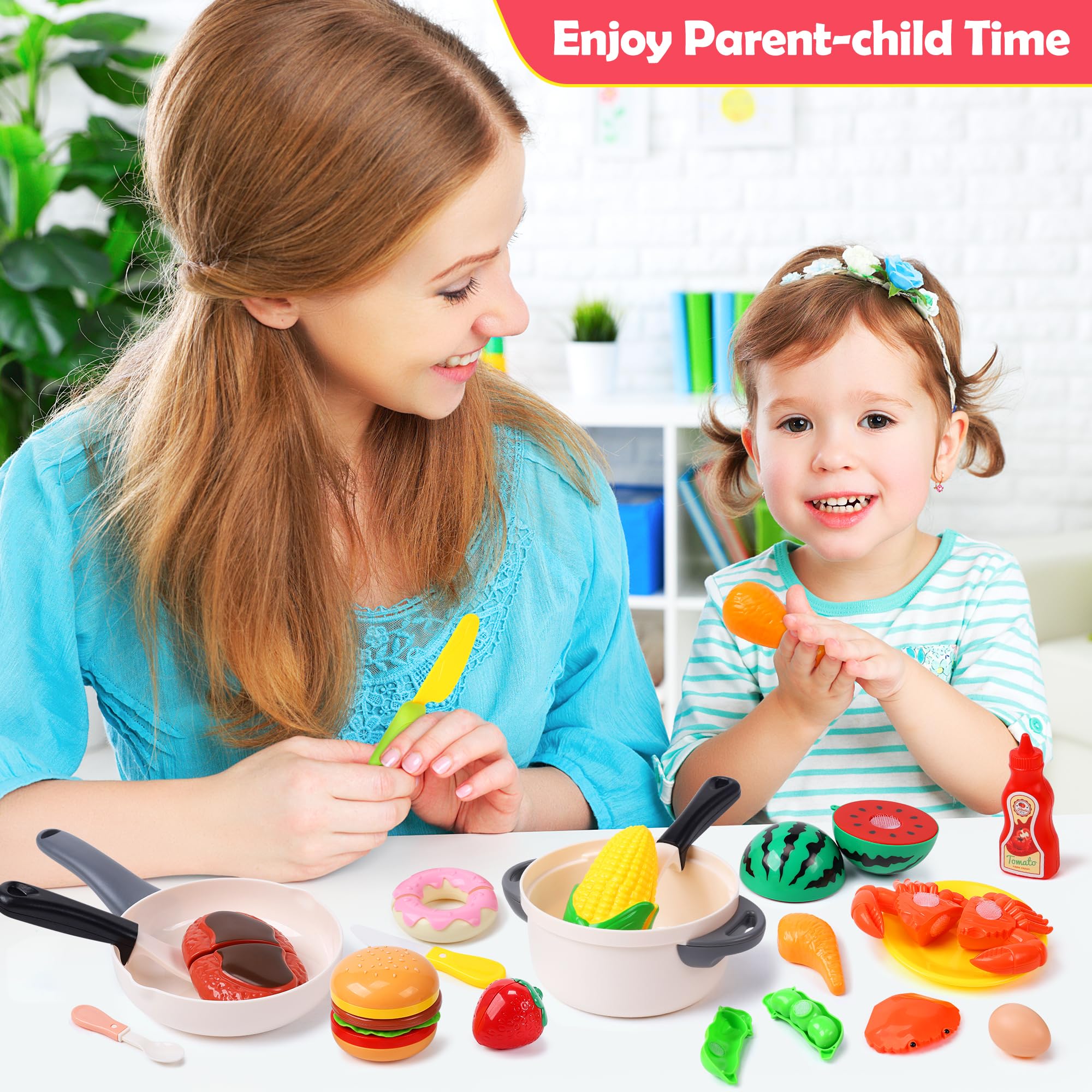 HOLYFUN Kids Kitchen Play Food Toy Set - 30-Piece Pretend Cutting Fruits & Vegetables, Pots, Pans & Plastic Dishes - Educational Pretend Play for Toddlers & Preschoolers (Boys & Girls) - Perfect for Role Play, Birthday Gifts & Early Learning Activities