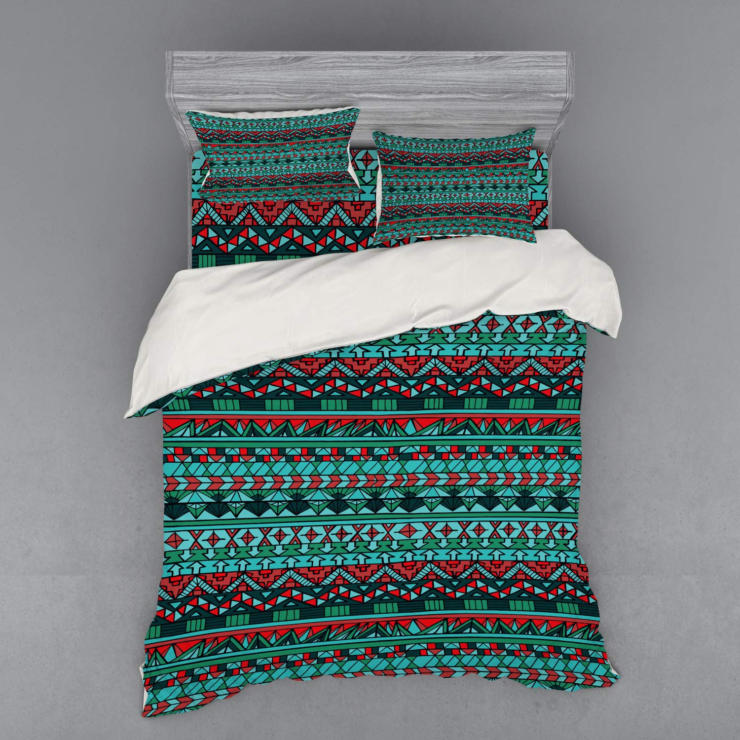 Ambesonne Tribal Duvet Cover Set - Hand Drawn Geometric Pattern with Sharp Shapes & Stripes - 4 Piece Bedding Set with Shams & Fitted Sheet - Queen Size - Red Blue Teal - Perfect for Bohemian & Modern Bedroom Decor