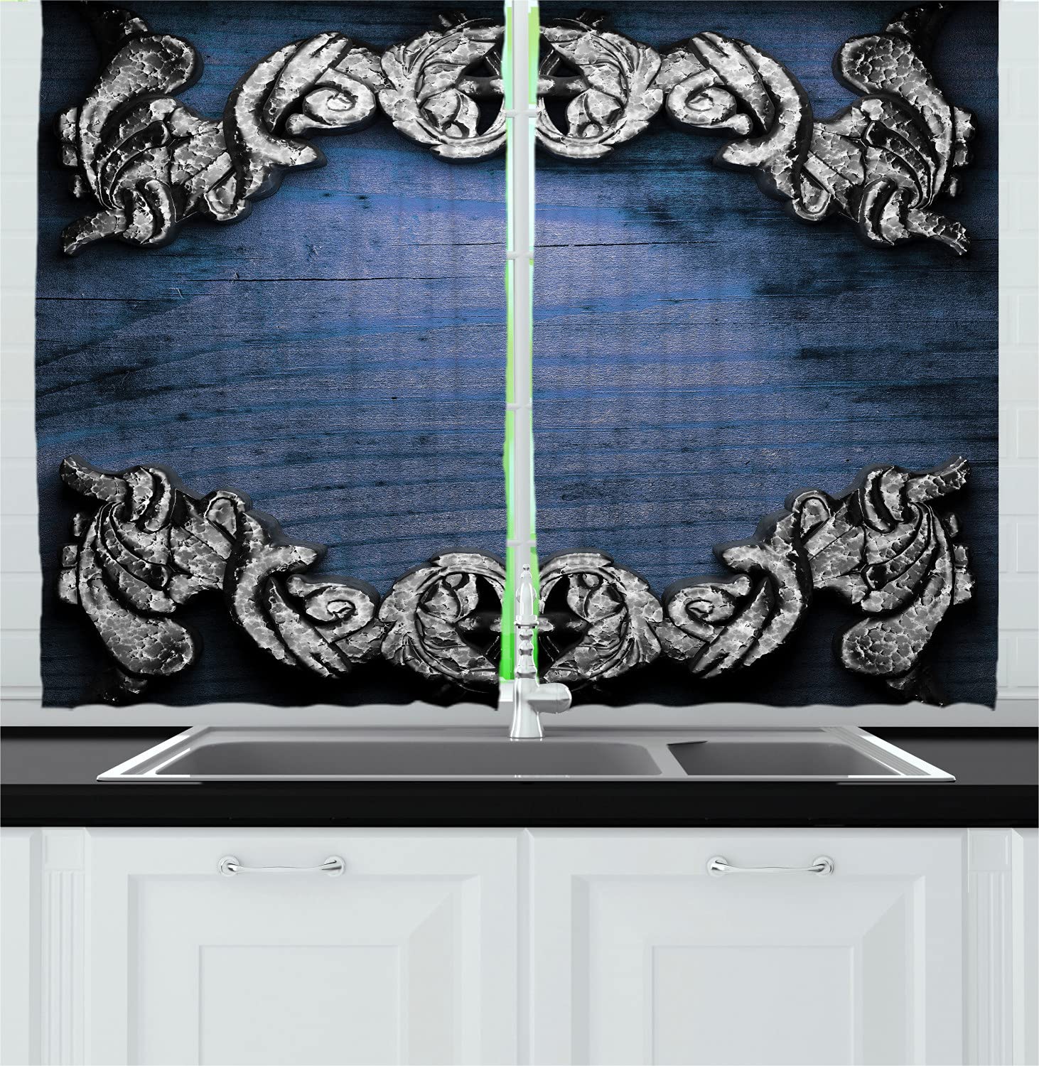 Ambesonne Victorian Gothic Revival Kitchen Curtains - Dark Blue Grey Iron Ornament Print, 55