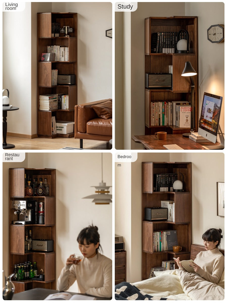 Solid Black Walnut Wood Corner Bookcase Shelf - Stylish Storage for Books, Decor & Small Spaces | Perfect for Living Room, Office & Bedroom Organization