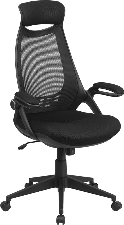 FLASH Ivan High Back Black Mesh Executive Swivel Office Chair with Flip Up Arms - Ergonomic Desk Chair for Home Office, Gaming & Conference Rooms