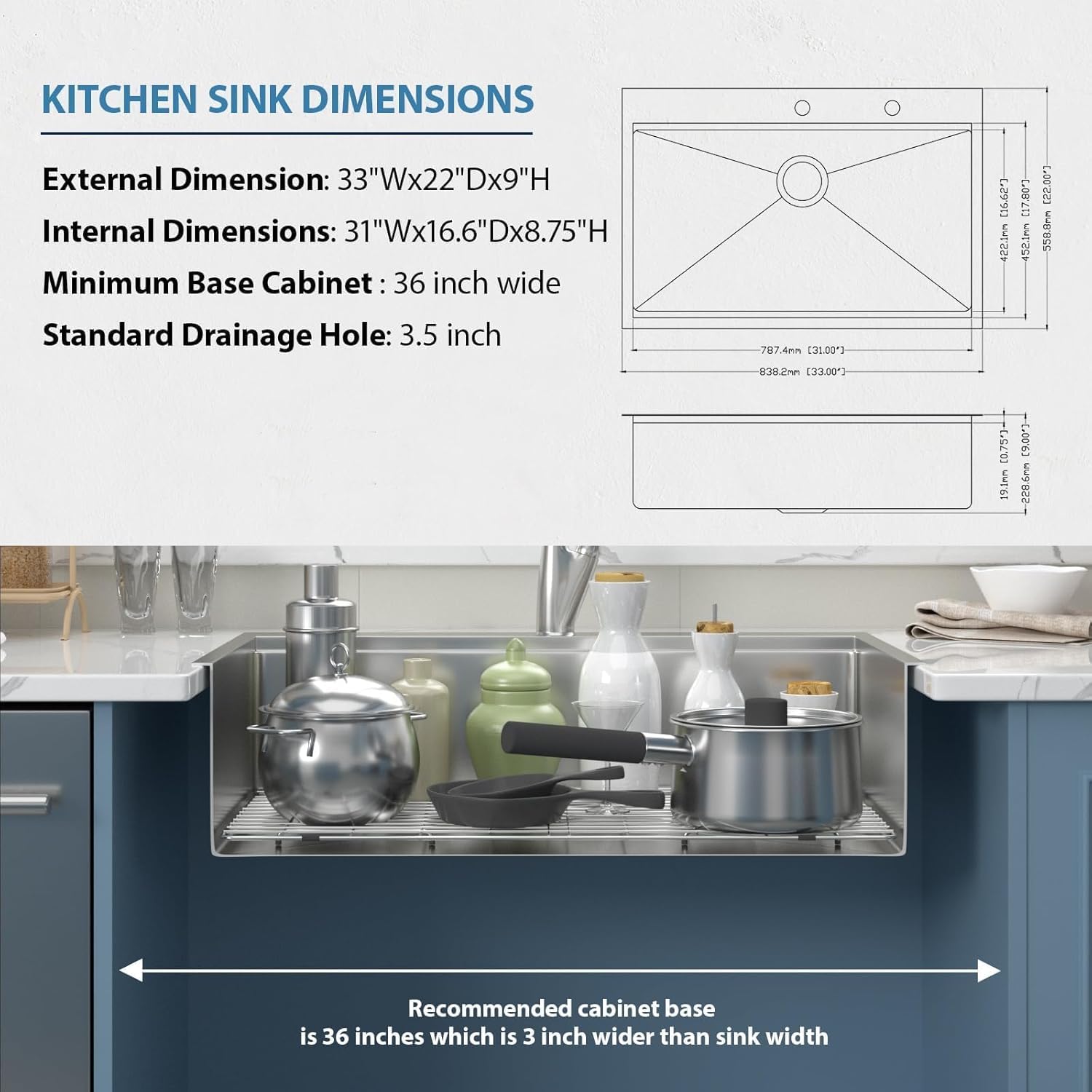 33x22 Inch Drop-In Kitchen Sink - 16 Gauge T304 Stainless Steel Workstation Topmount Single Bowl Sink with R10 Round Corners - Perfect for Modern Kitchens, Renovations & DIY Installations
