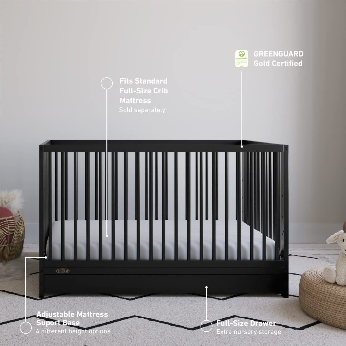 Graco Teddi 5-in-1 Convertible Crib with Storage Drawer (Black) – GREENGUARD Gold Certified, Converts to Toddler Bed/Daybed/Full Bed, Safe Nursery Furniture for Baby & Kids Room | Perfect for Small Spaces & Growing Families