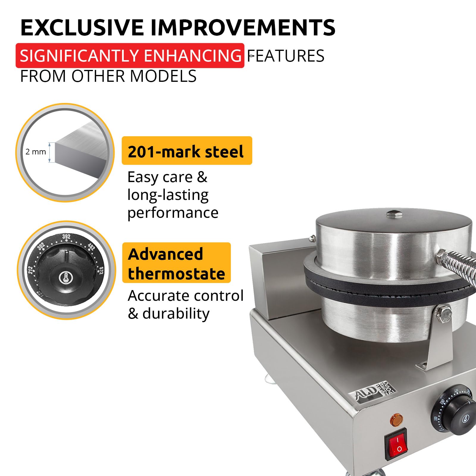 ALDKitchen Stainless Steel Waffle Cone Maker - 1-Head Electric Ice Cream Cone Iron for Homemade Desserts | Perfect for Parties, Ice Cream Shops & Home Baking