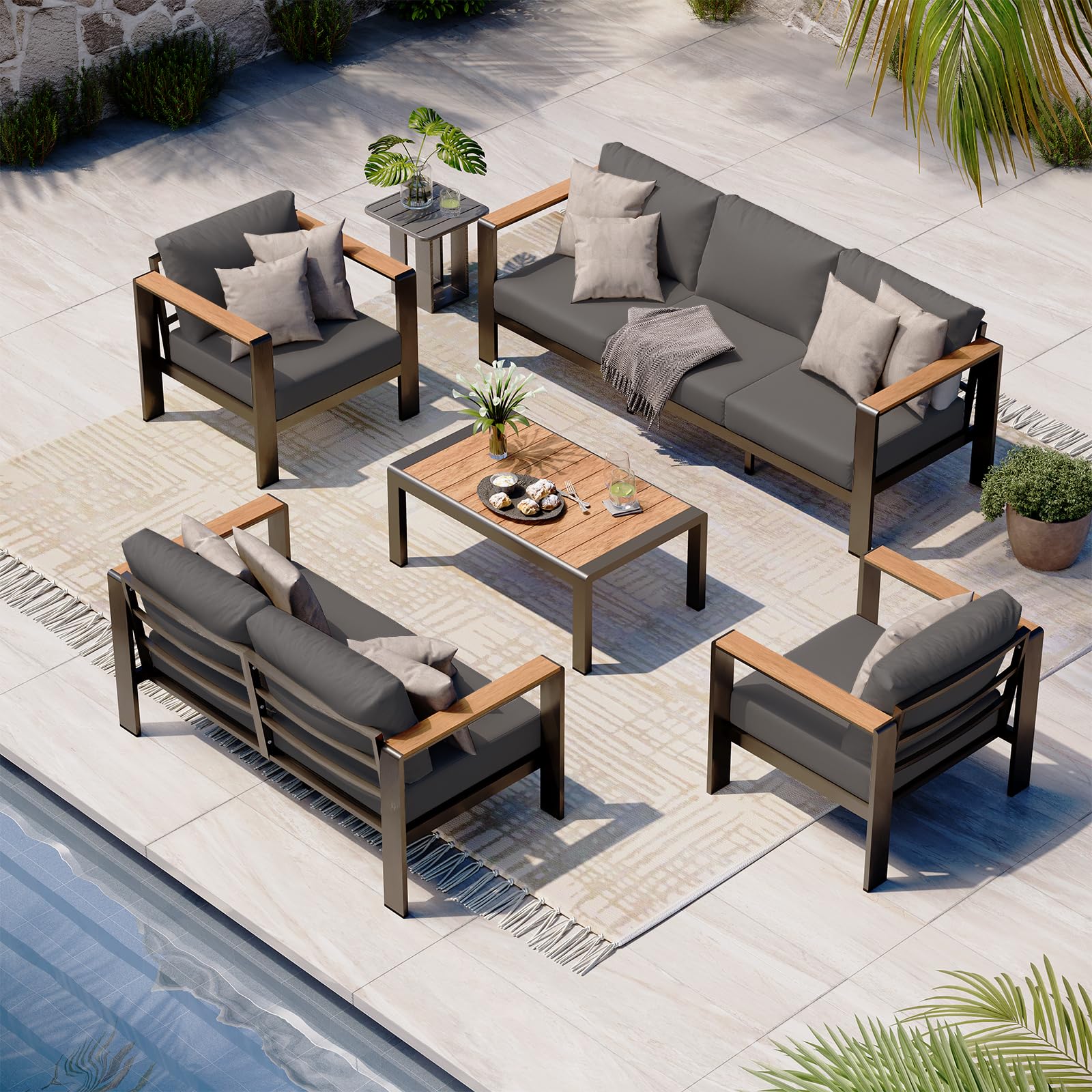 5-Piece Aluminum Outdoor Patio Furniture Set with Coffee Table & Washable Thick Cushions - Graphite Sectional Sofa Set for Porch, Balcony, Deck, Yard - Perfect for Relaxing, Entertaining & Outdoor Gatherings