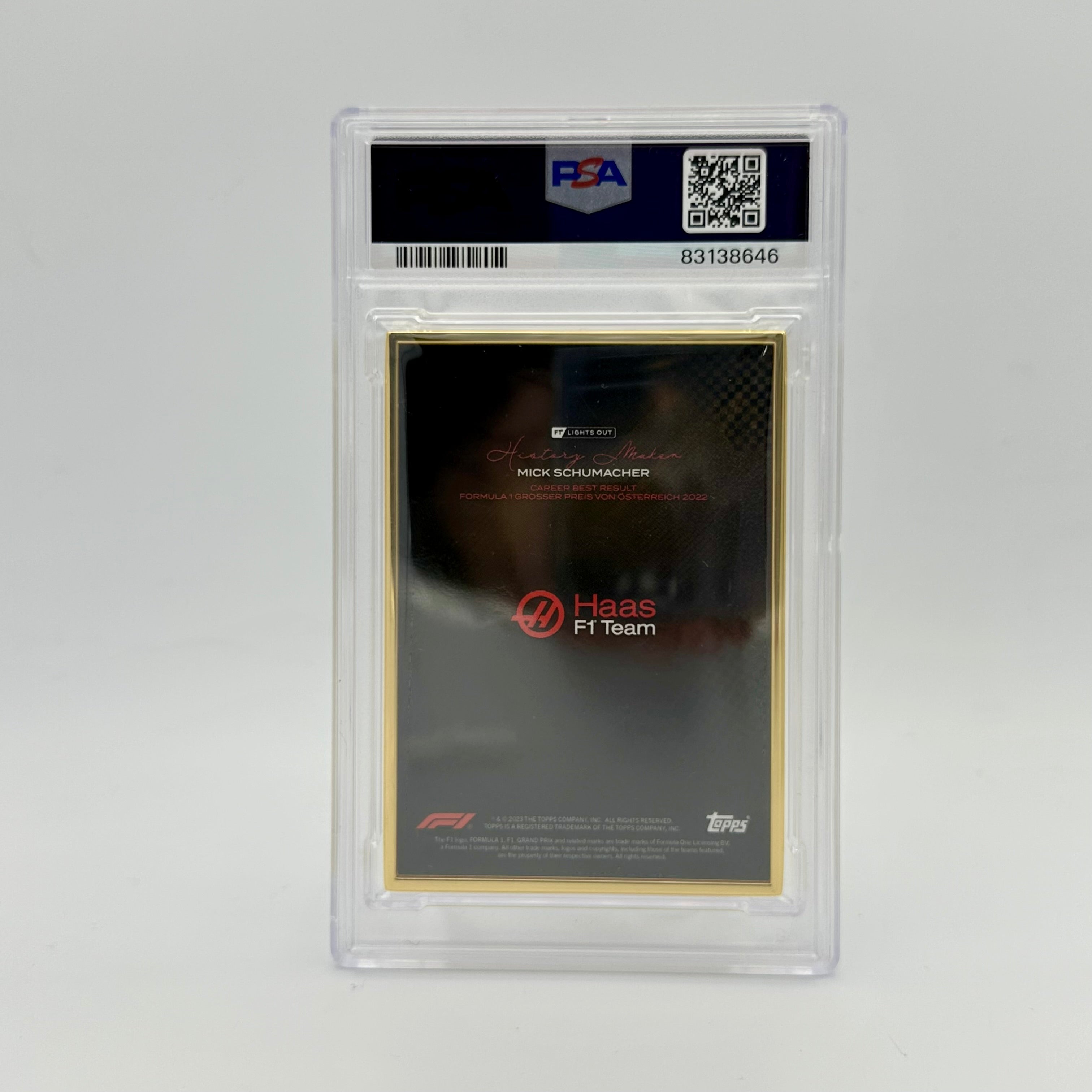 1/1 Gold Frame Mick Schumacher History Maker 2022 Lights Out PSA 10 - Rare Collectible Trading Card for F1 Fans and Sports Memorabilia Collectors