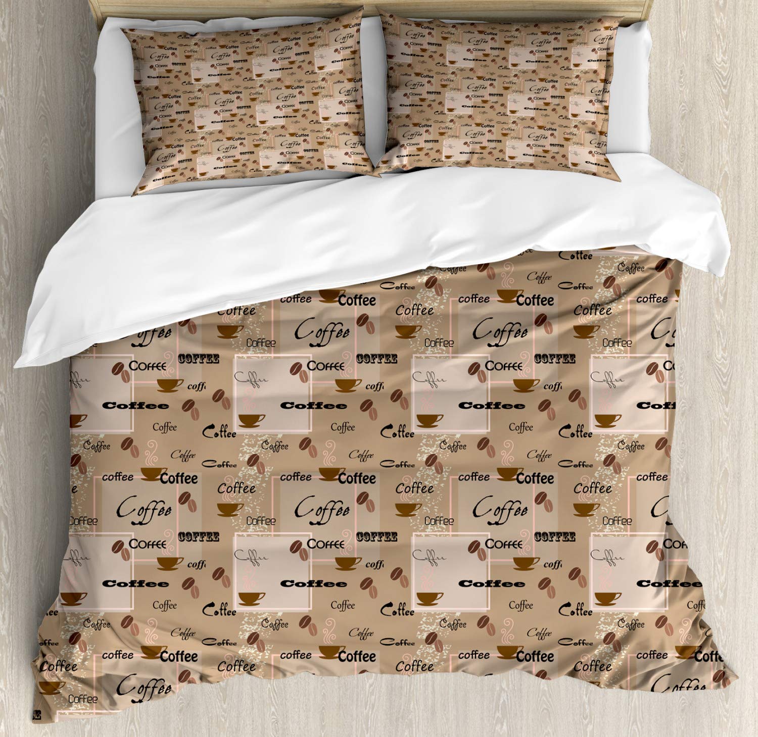 Ambesonne Coffee Lover Duvet Cover Set - Vintage Abstract Design with Coffee Beans & Cups Typography - 3 Piece Queen Size Bedding Set (Duvet Cover + 2 Pillow Shams) in Pale Brown & Black | Perfect for Coffee Themed Bedrooms & Gift for Baristas