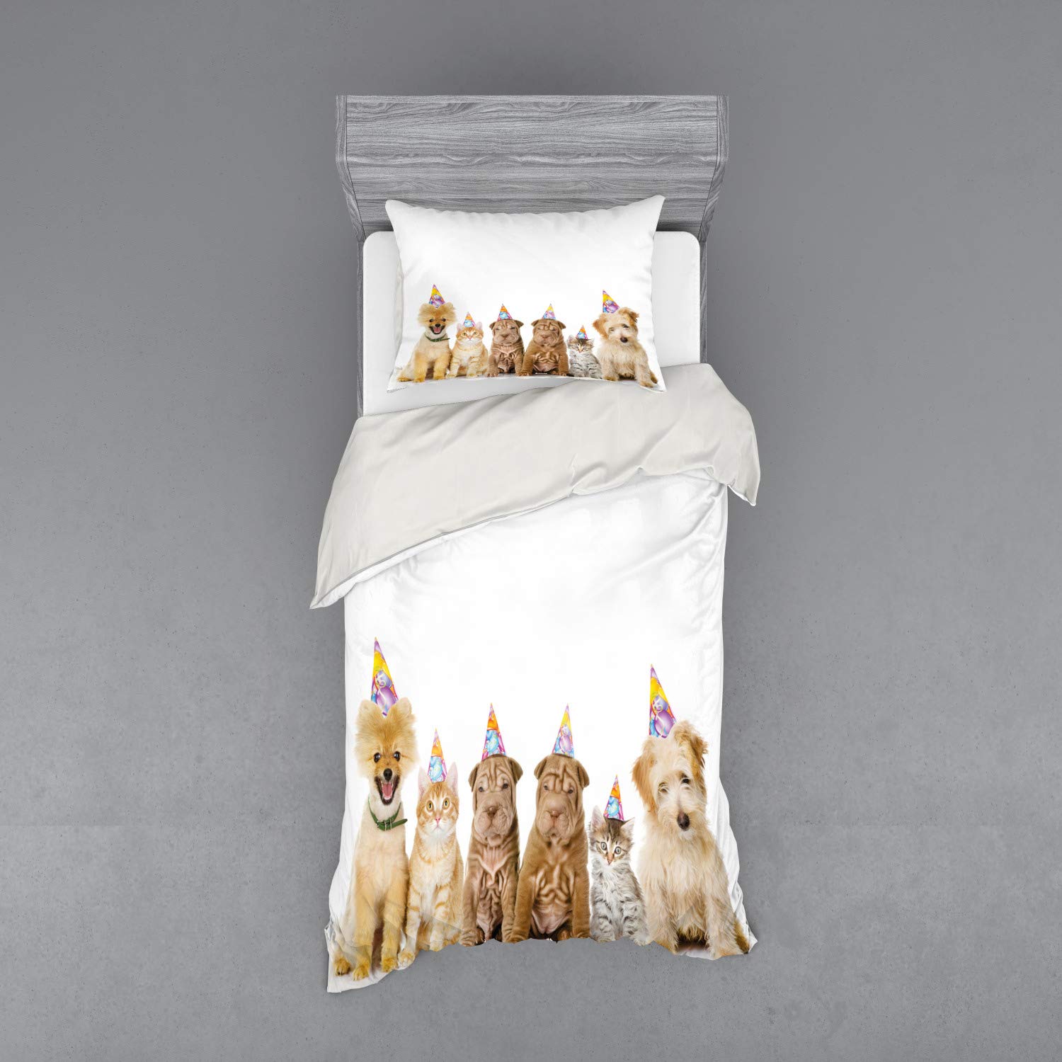 Ambesonne Birthday Party Duvet Cover Set - Fun Shelter Dogs & Cats with Cone Hats Print, 3-Piece Twin Size Bedding Set with Sham & Fitted Sheet, Vibrant Multicolor | Perfect for Kids' Birthday Decor, Themed Bedroom, and Pet Lover Gifts