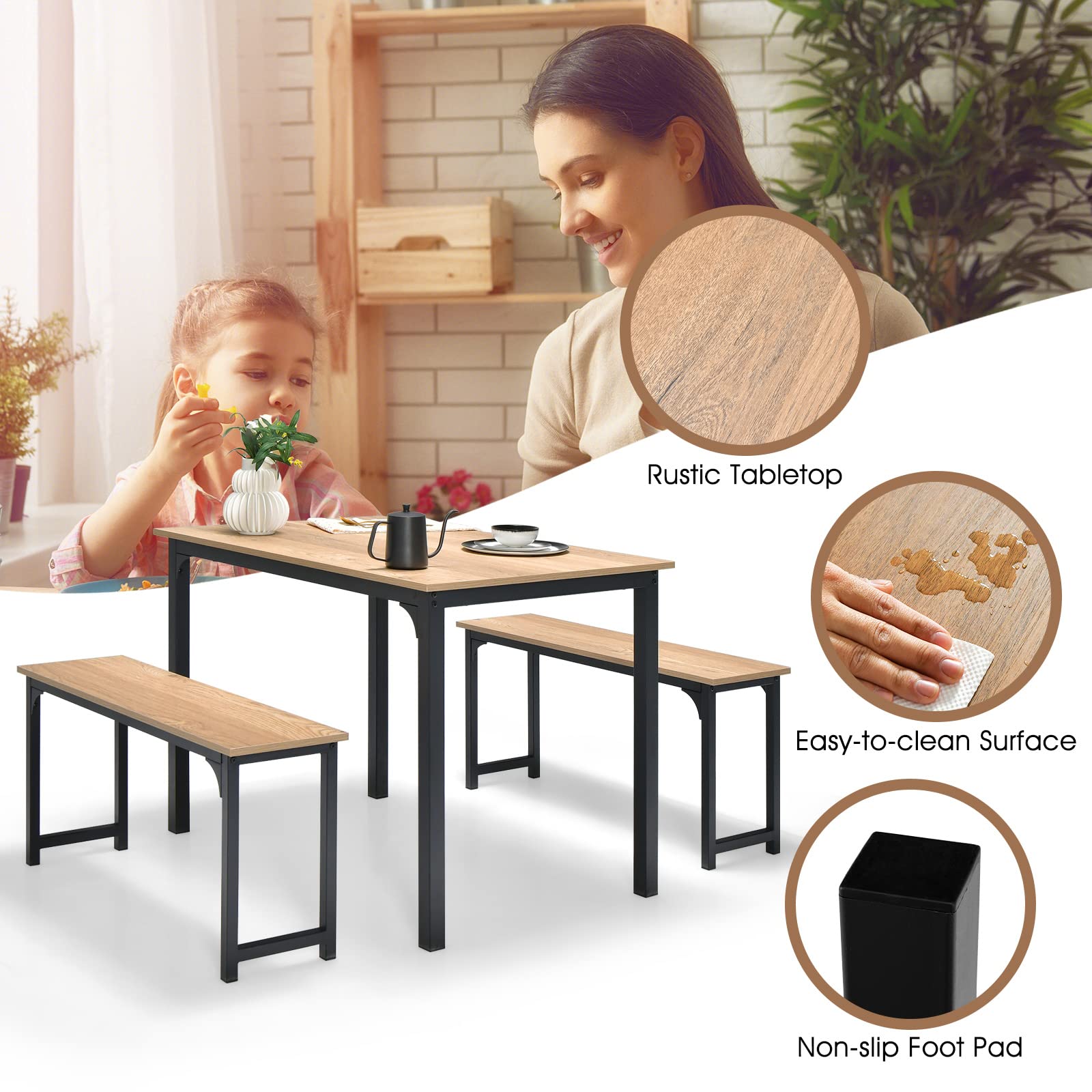 **Giantex 4-Piece Industrial Dining Table Set with 2 Benches - Space-Saving Kitchen & Breakfast Nook Furniture, Easy Assembly, Natural Wood Finish - Perfect for Small Apartments, Kitchens & Dining Rooms**